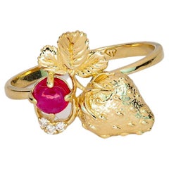 14 Karat Gold Ring with Ruby and Diamonds, Strawberry Ring, July Birthstone Ring