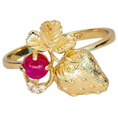 14 Karat Gold Ring with Ruby and Diamonds, Strawberry Ring, July Birthstone Ring