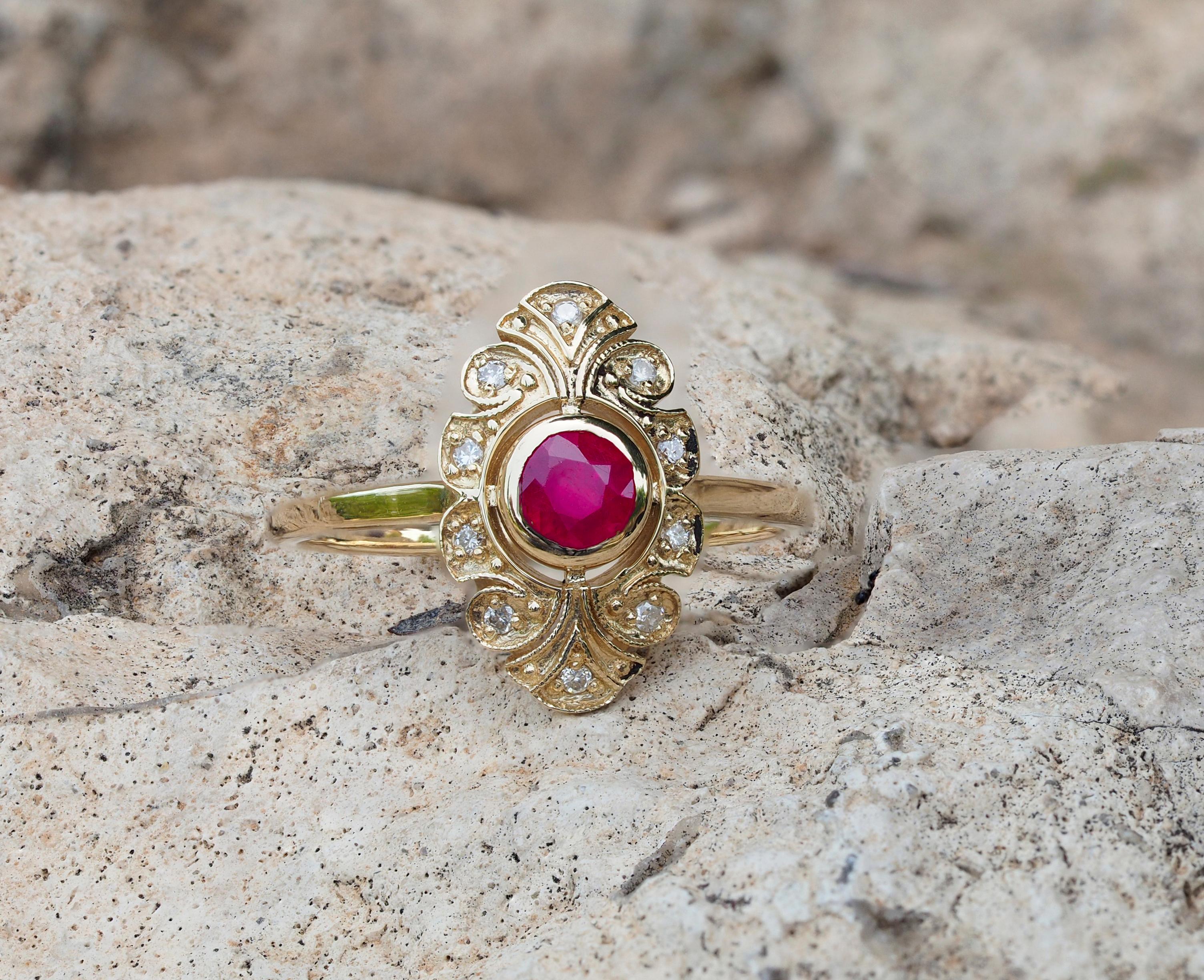 14 karat gold ring with ruby and diamonds. July birthstone ruby ring
total weight 2.60 g  depends from size
Gemstones 
Round cabochon cut ruby, 0.45 ct., transparent with inclusions, red color
Diamonds 10x0.01-0.10 ct, H, Si , round brilliant cut
