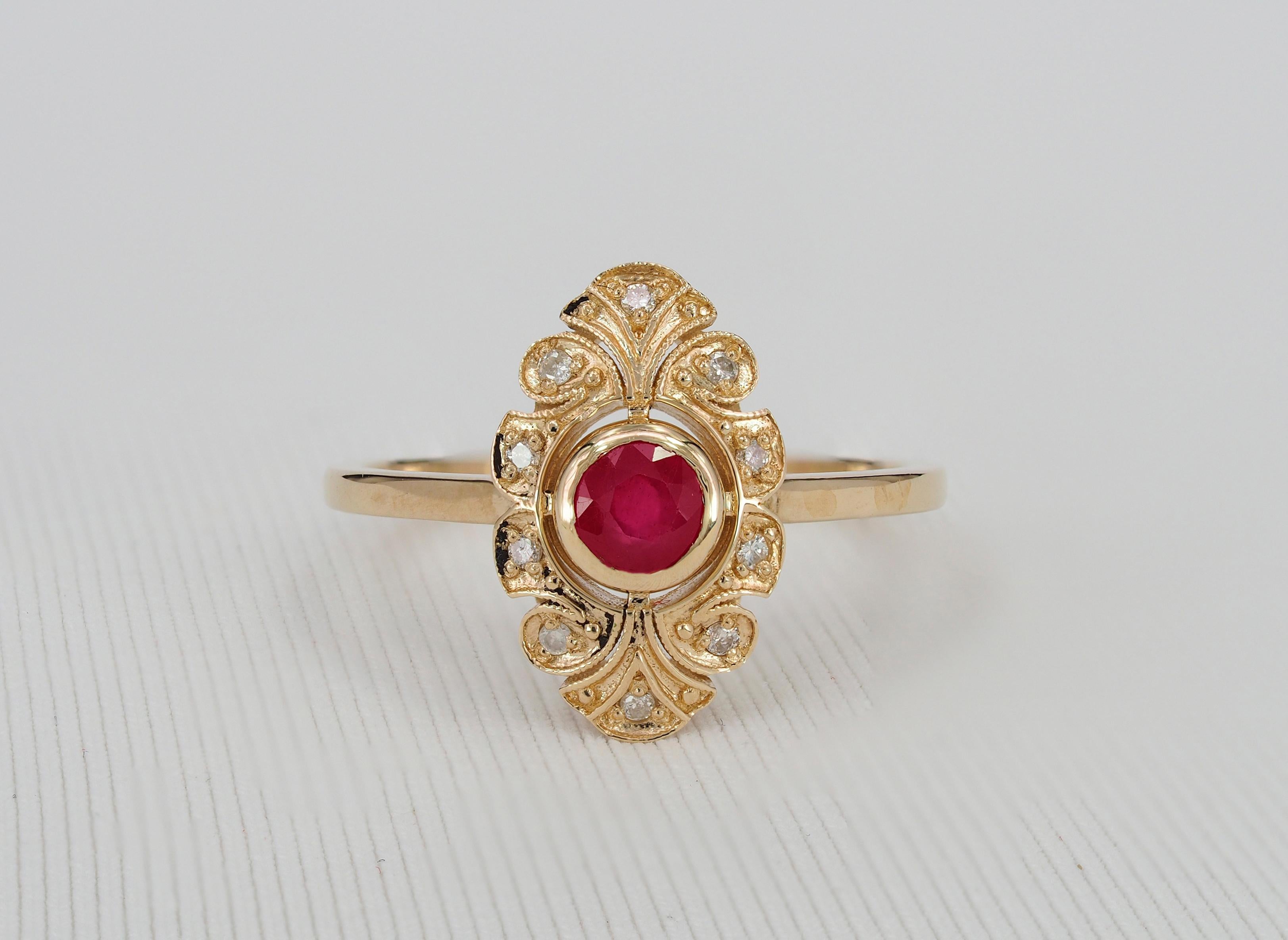 Modern 14 Karat Gold Ring with Ruby and Diamonds, Vintage Inspired Ring