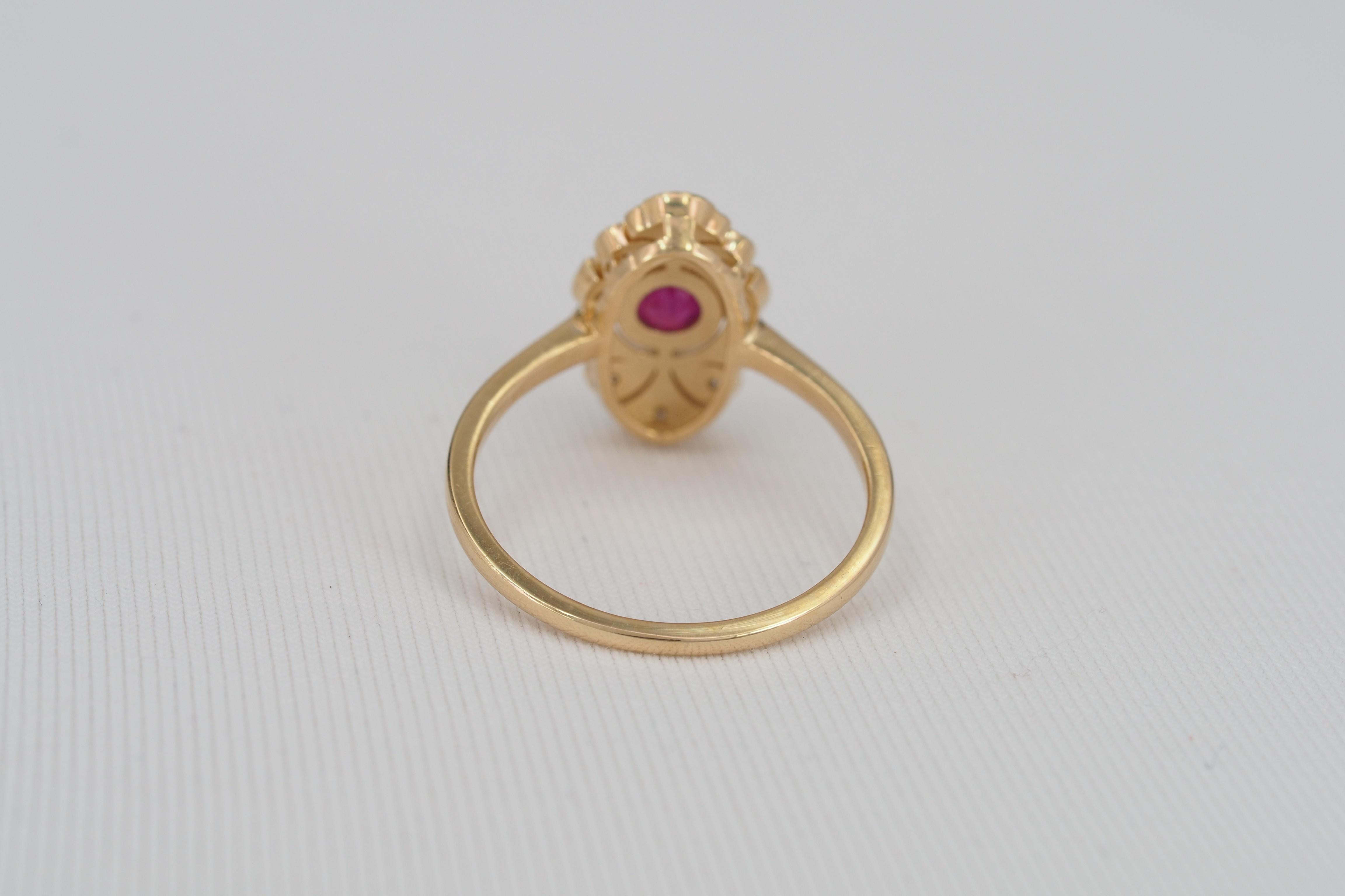 Women's 14 Karat Gold Ring with Ruby and Diamonds, Vintage Inspired Ring