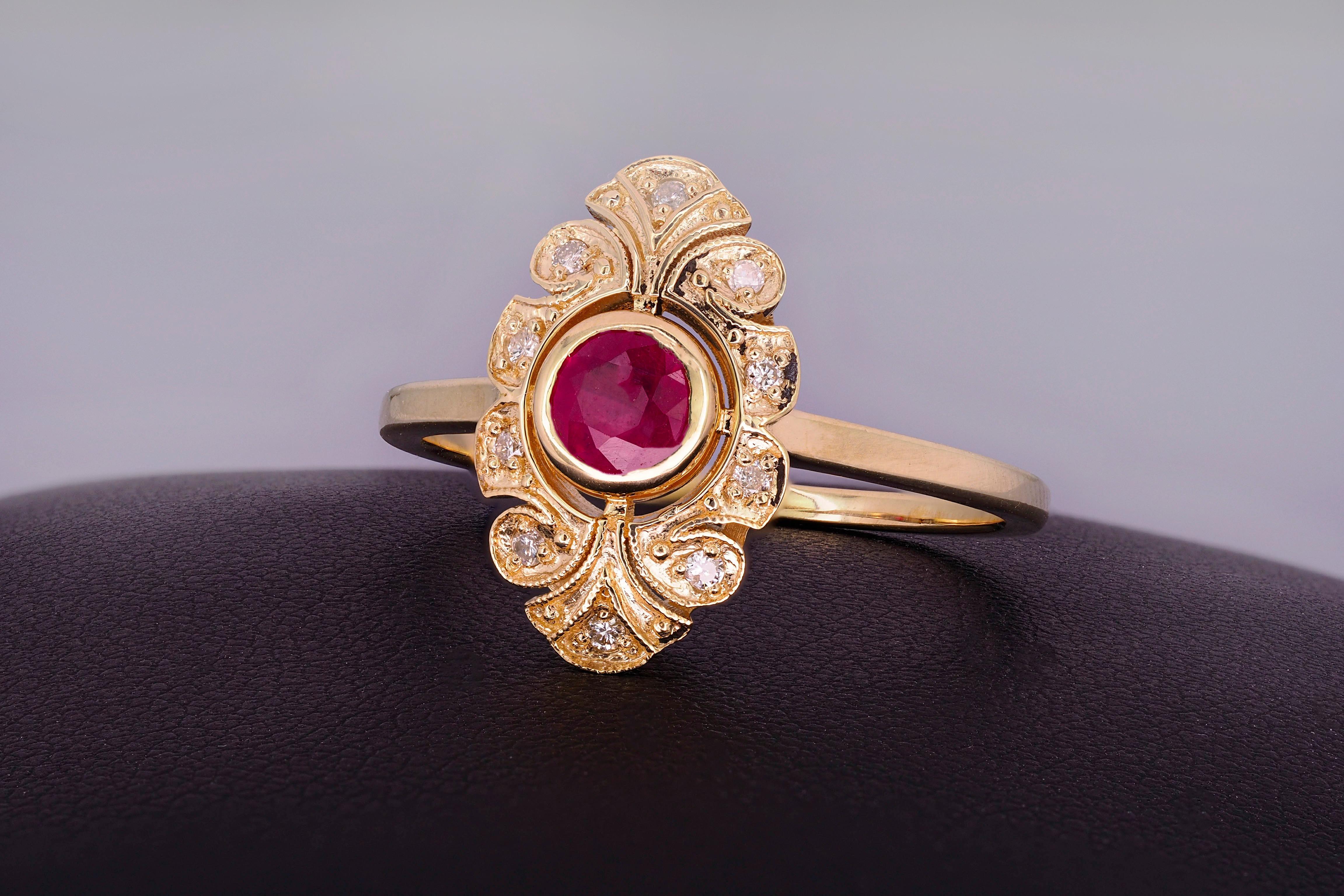 14 Karat Gold Ring with Ruby and Diamonds, Vintage Inspired Ring 2