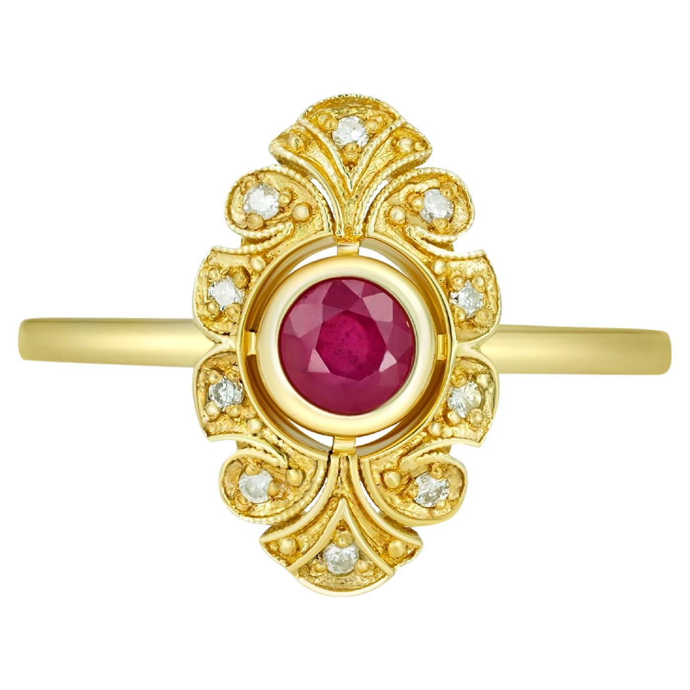 14 karat Gold Ring with Ruby and Diamonds, Vintage Inspired Ring. 
