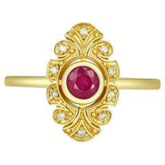 Bague en or 14 carats avec rubis et diamants, bague d'inspiration vintage.