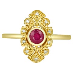 14 karat Gold Ring with Ruby and Diamonds, Vintage Inspired Ring. 