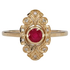 14 Karat Gold Ring with Ruby and Diamonds, Vintage Inspired Ring