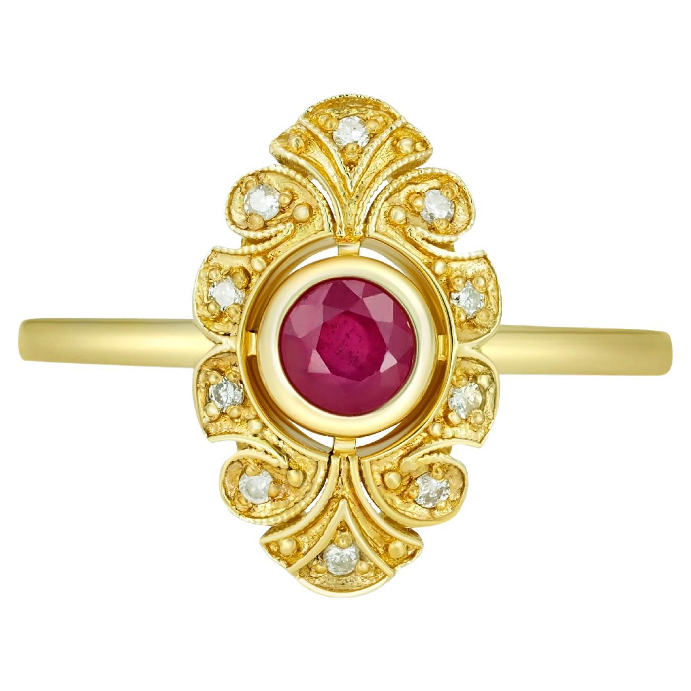 Vintage Ruby Type Crystal Chatham Ring 14 Karat Gold Freeform at