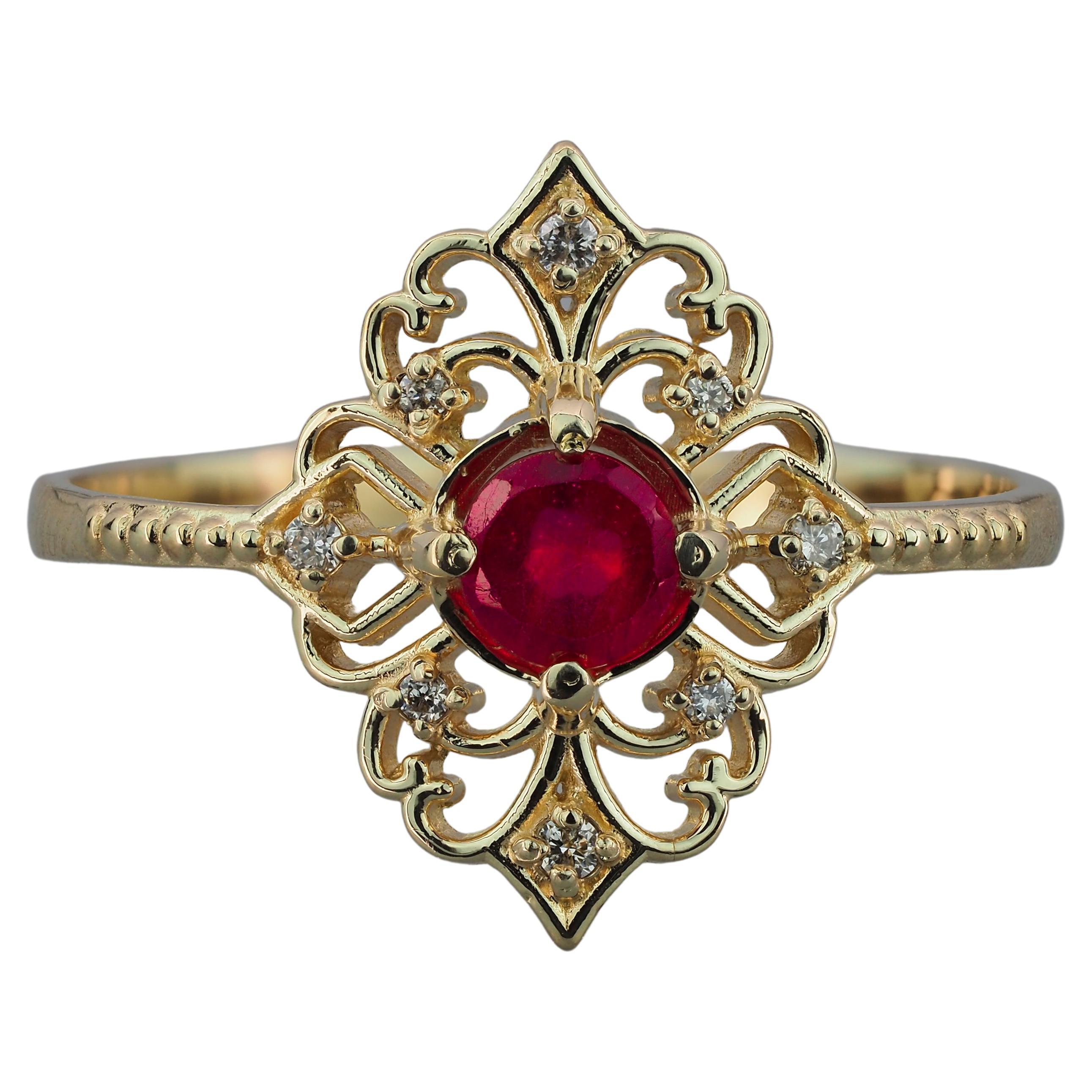 14 Karat Gold Ring with Ruby and Diamonds, Vintage Style Ruby Ring