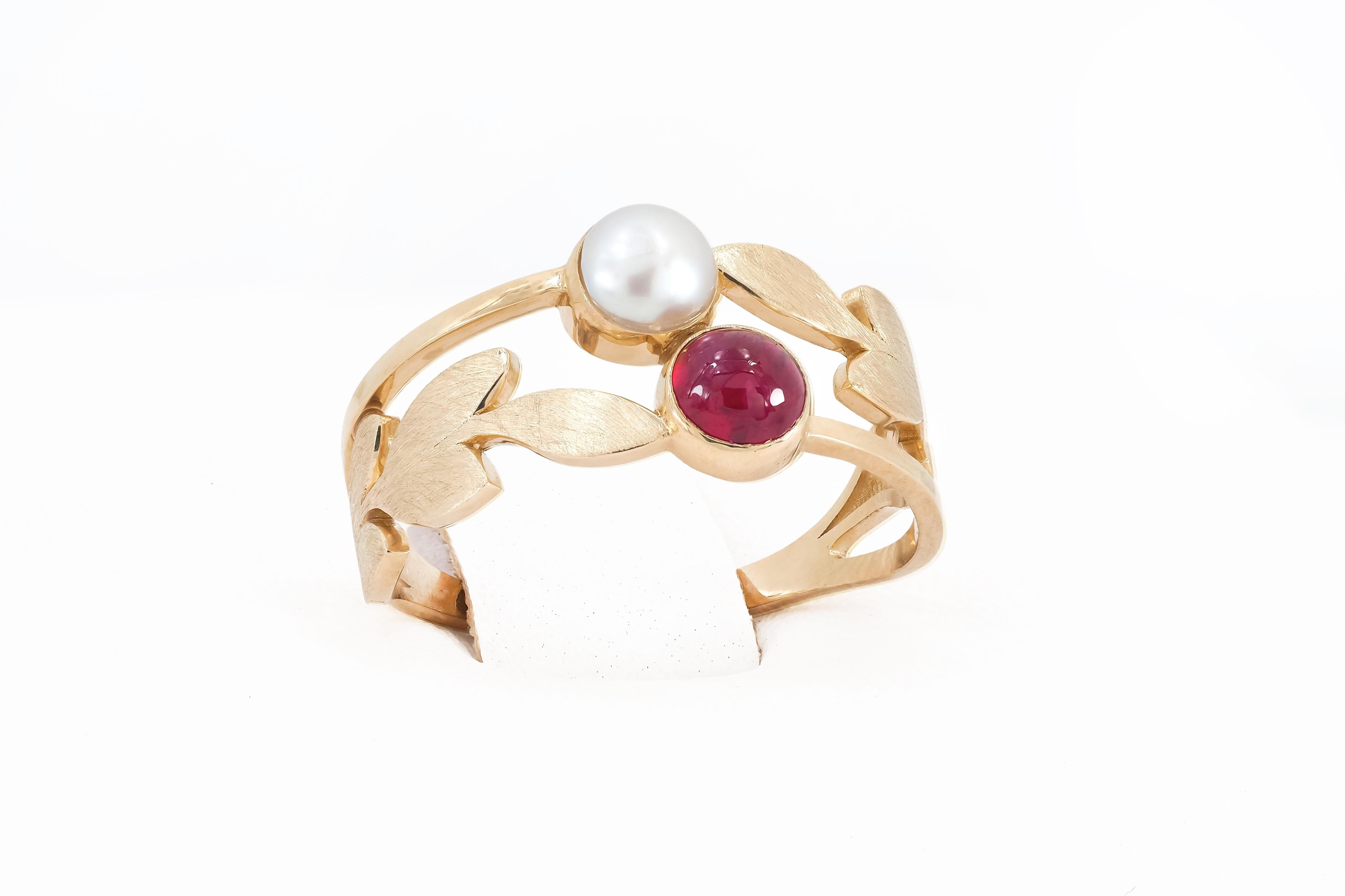 For Sale:  14 Karat Gold Ring with Ruby and Pearl. Ruby Ring, July Birthstone Ruby Ring 5