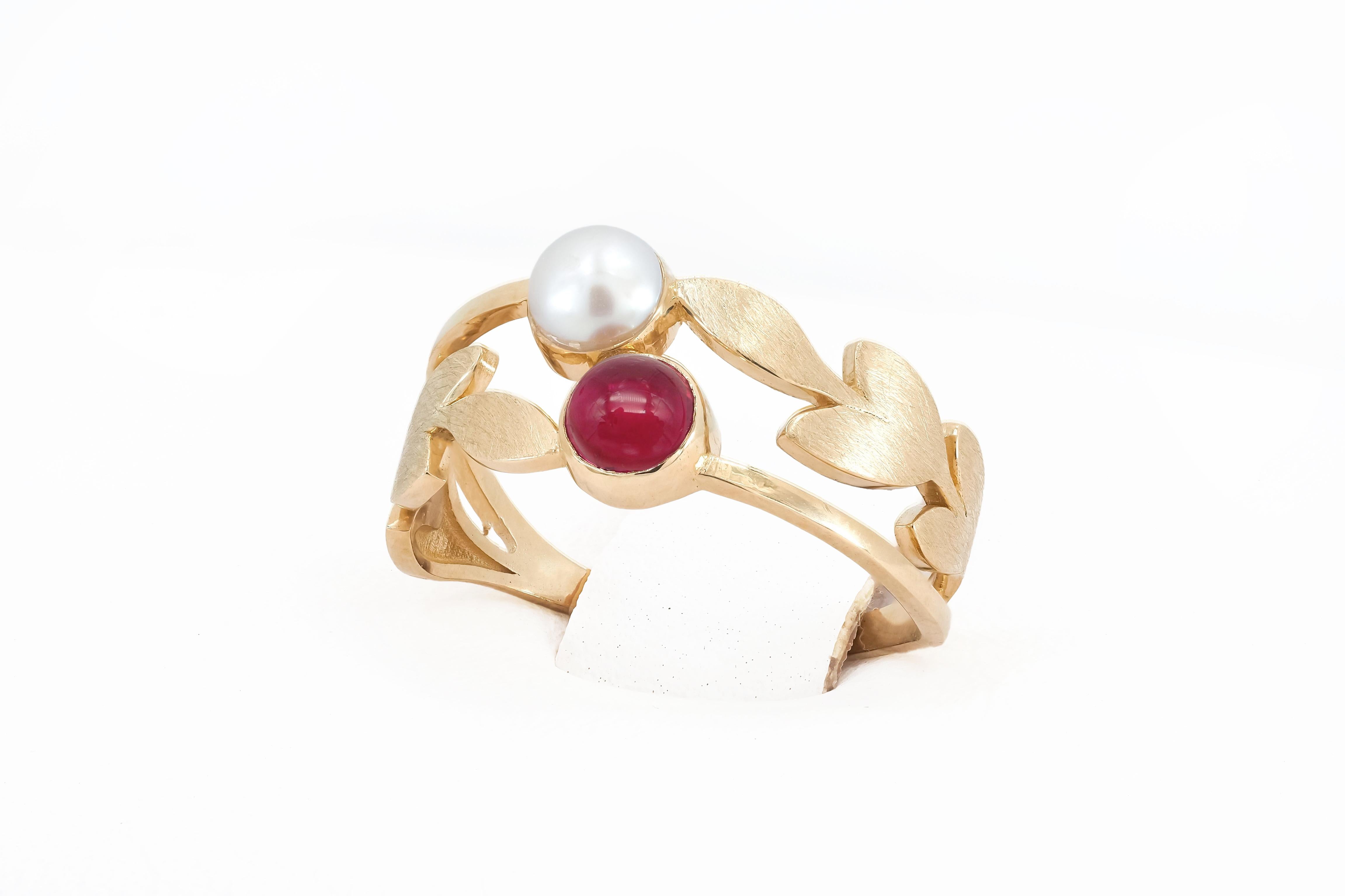 For Sale:  Two gemstone: ruby and pearl 14k gold ring 6