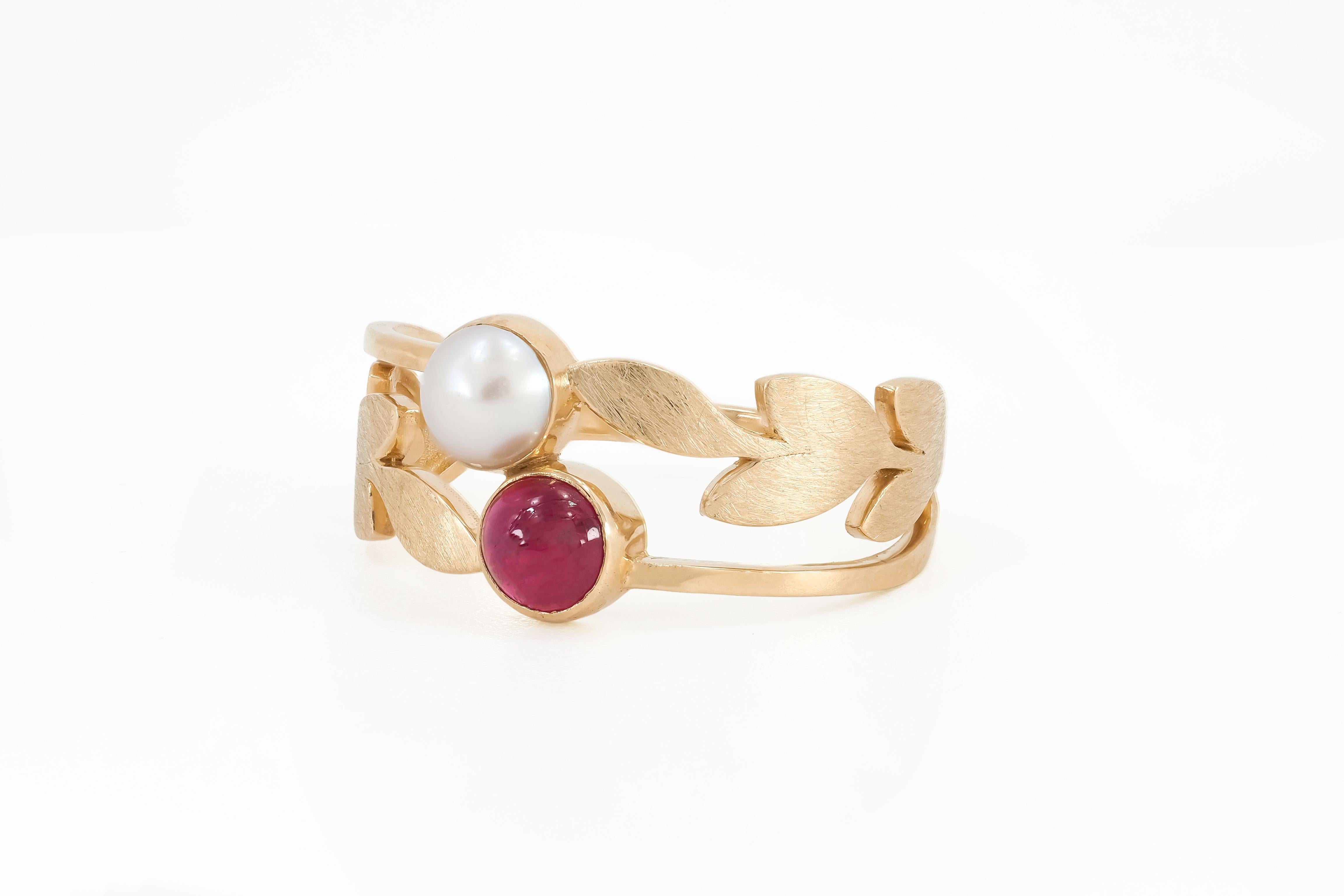 For Sale:  14 Karat Gold Ring with Ruby and Pearl. Ruby Ring, July Birthstone Ruby Ring 7