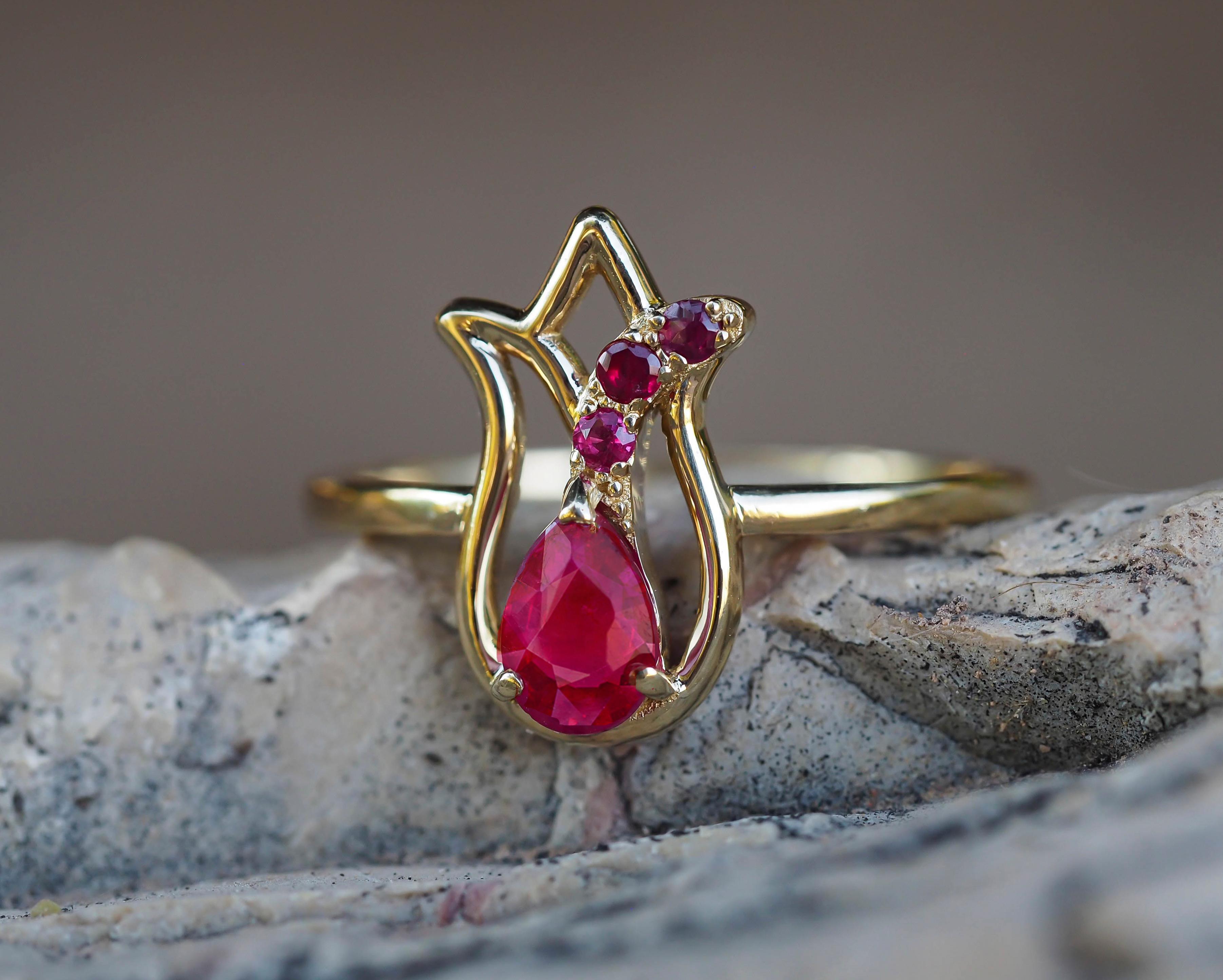 14 Karat Gold Ring with Ruby and Side Rubies, Gold Tulip Flower Ring 4