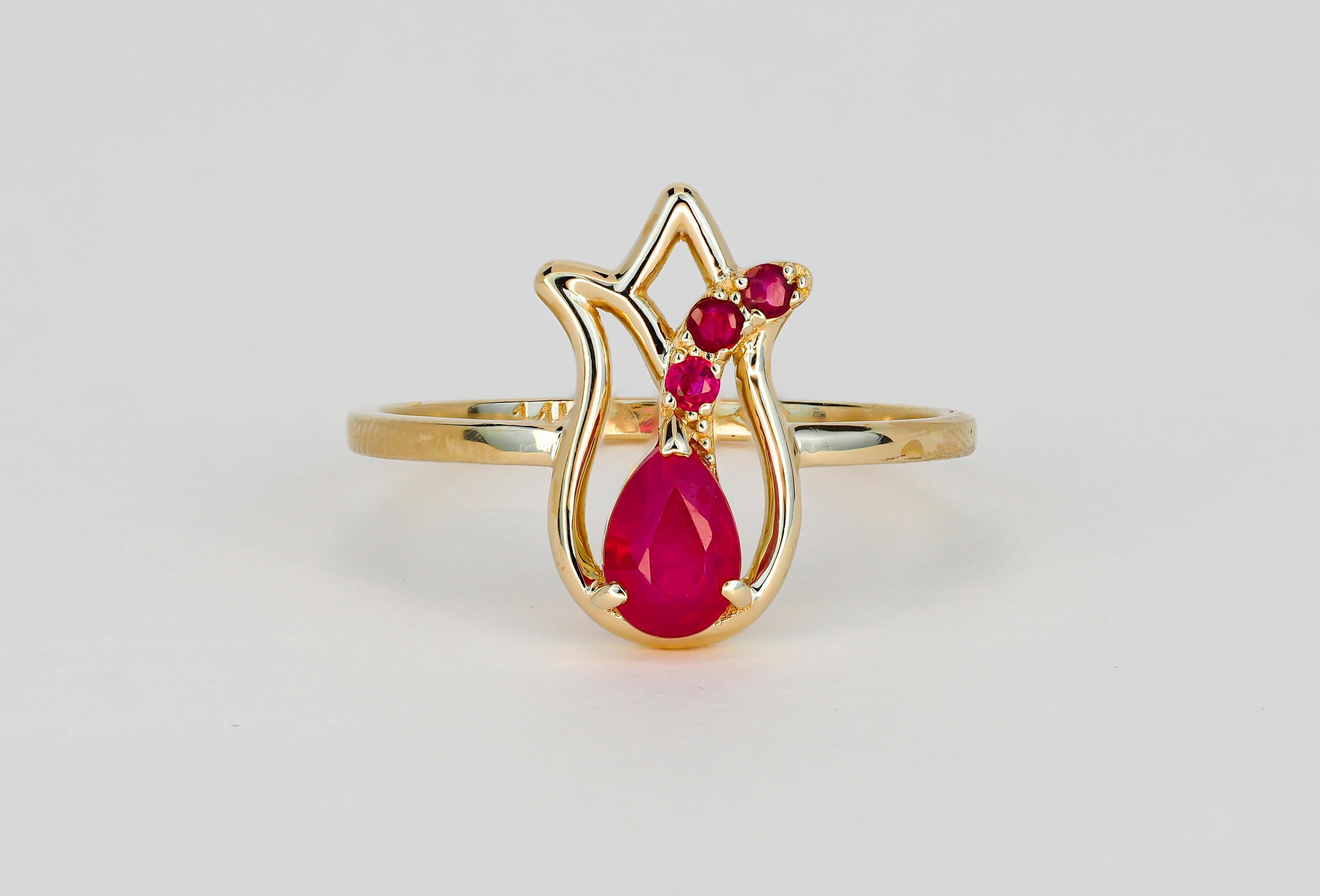 Modern 14 Karat Gold Ring with Ruby and Side Rubies, Gold Tulip Flower Ring