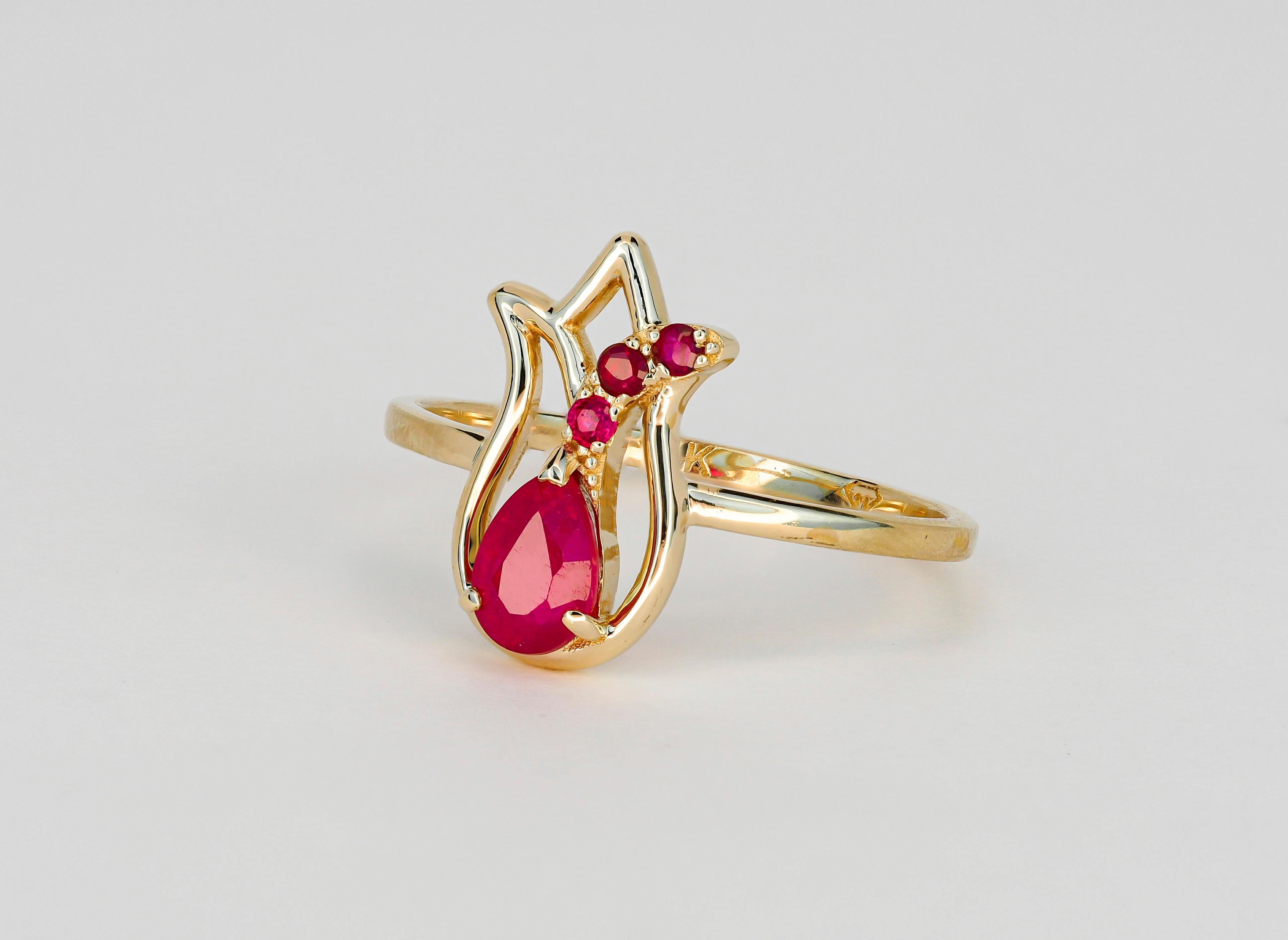 Pear Cut 14 Karat Gold Ring with Ruby and Side Rubies, Gold Tulip Flower Ring