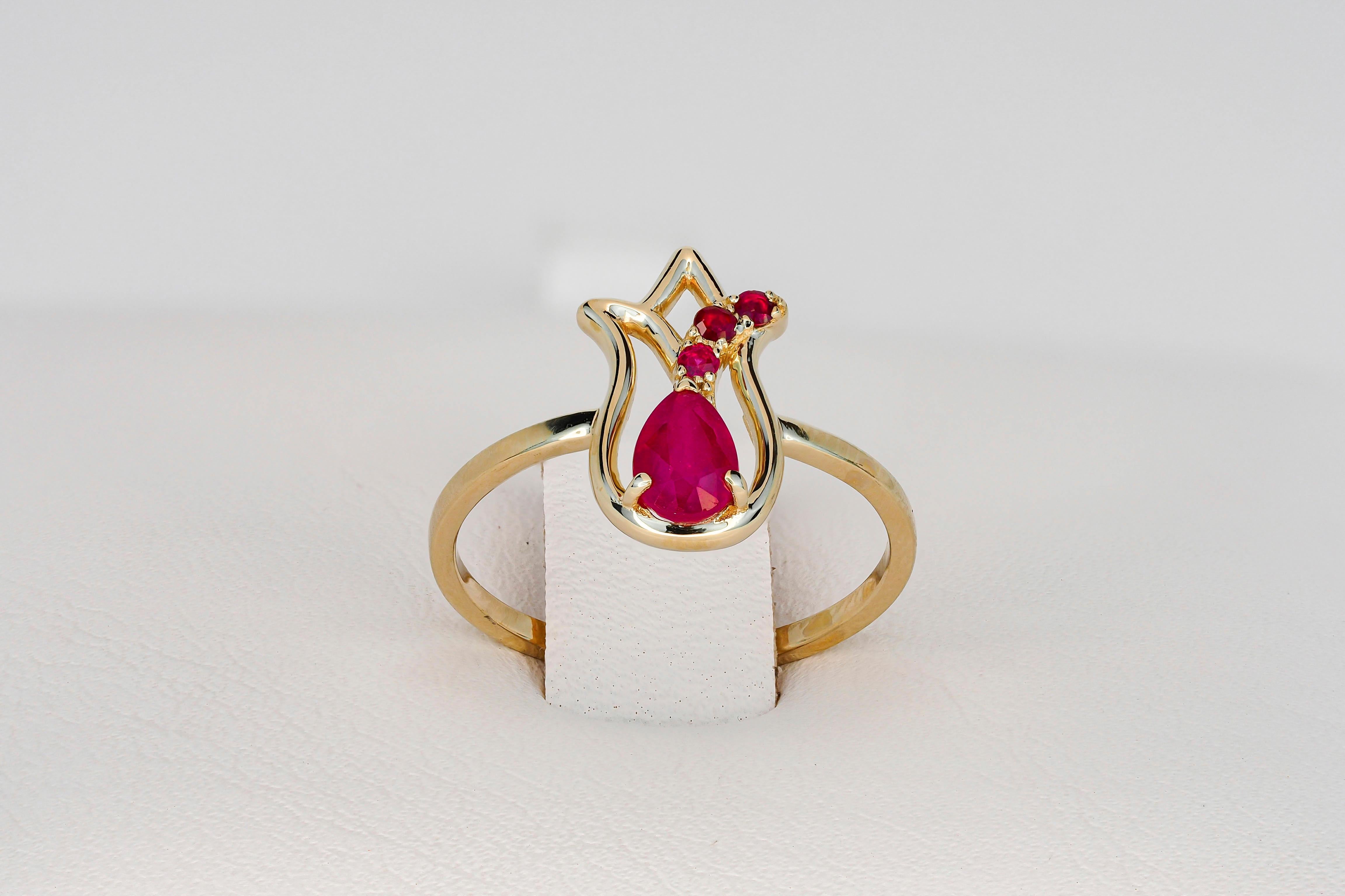Women's 14 Karat Gold Ring with Ruby and Side Rubies, Gold Tulip Flower Ring
