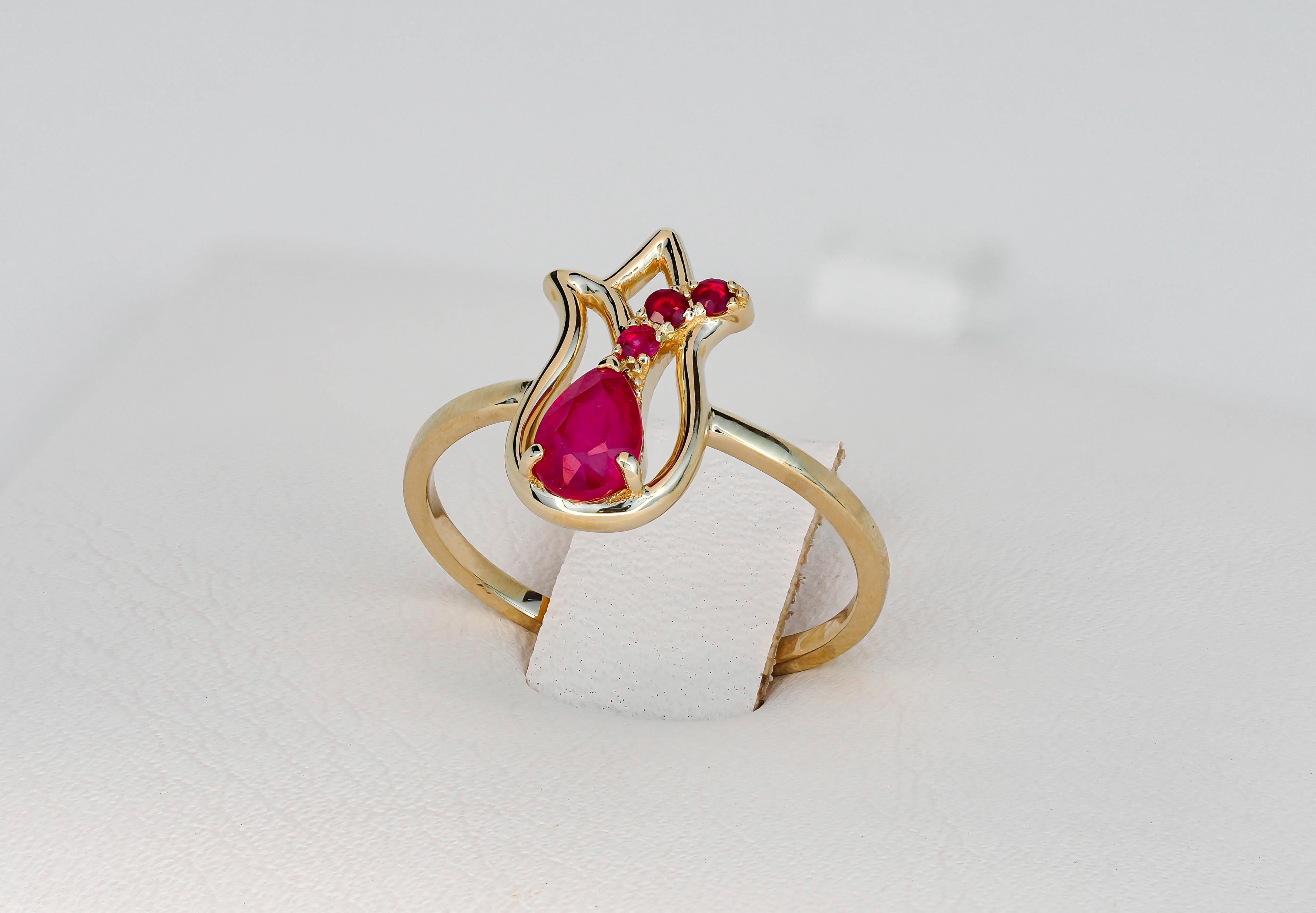 14 Karat Gold Ring with Ruby and Side Rubies, Gold Tulip Flower Ring 1