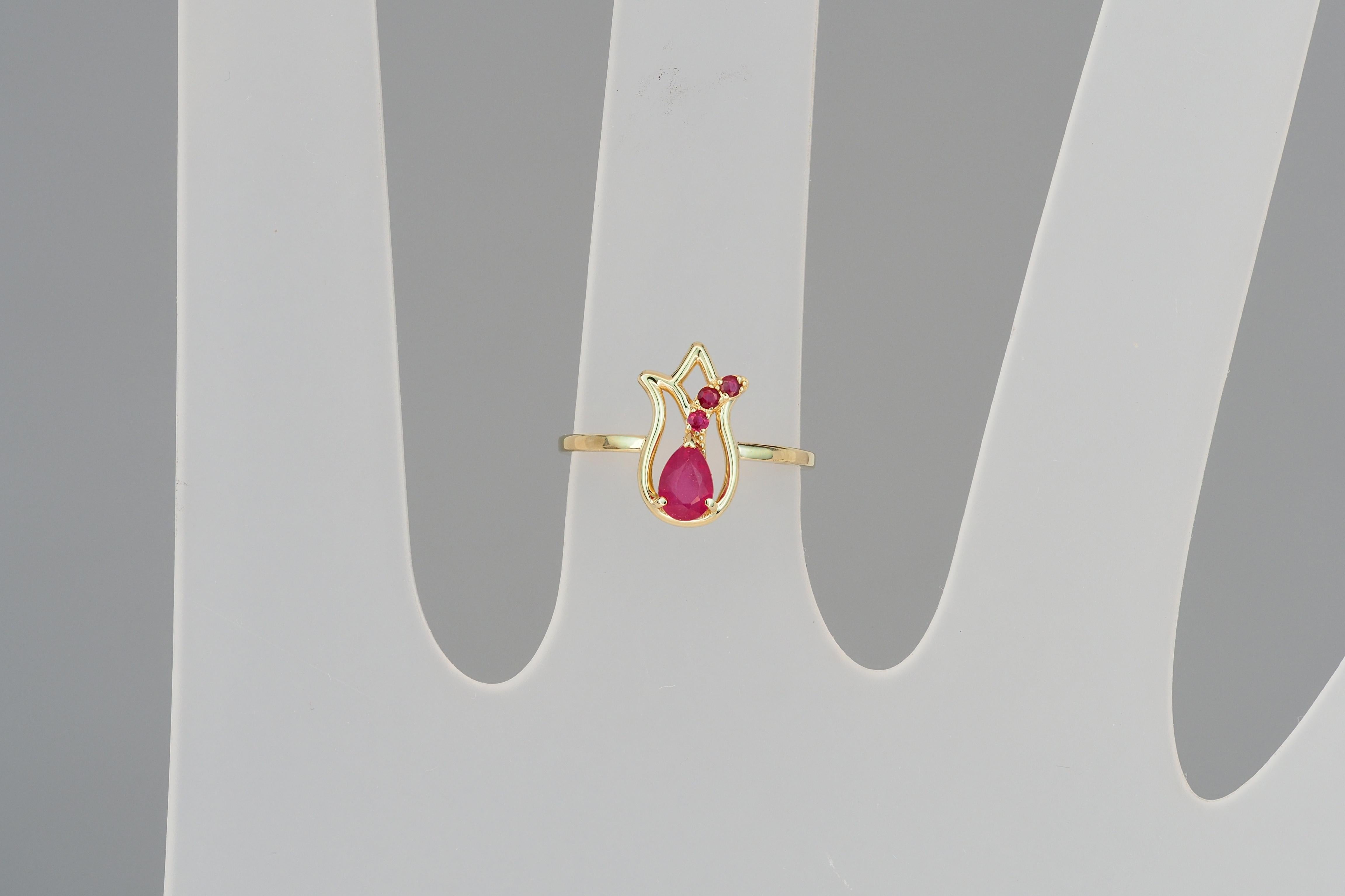 14 Karat Gold Ring with Ruby and Side Rubies, Gold Tulip Flower Ring 2
