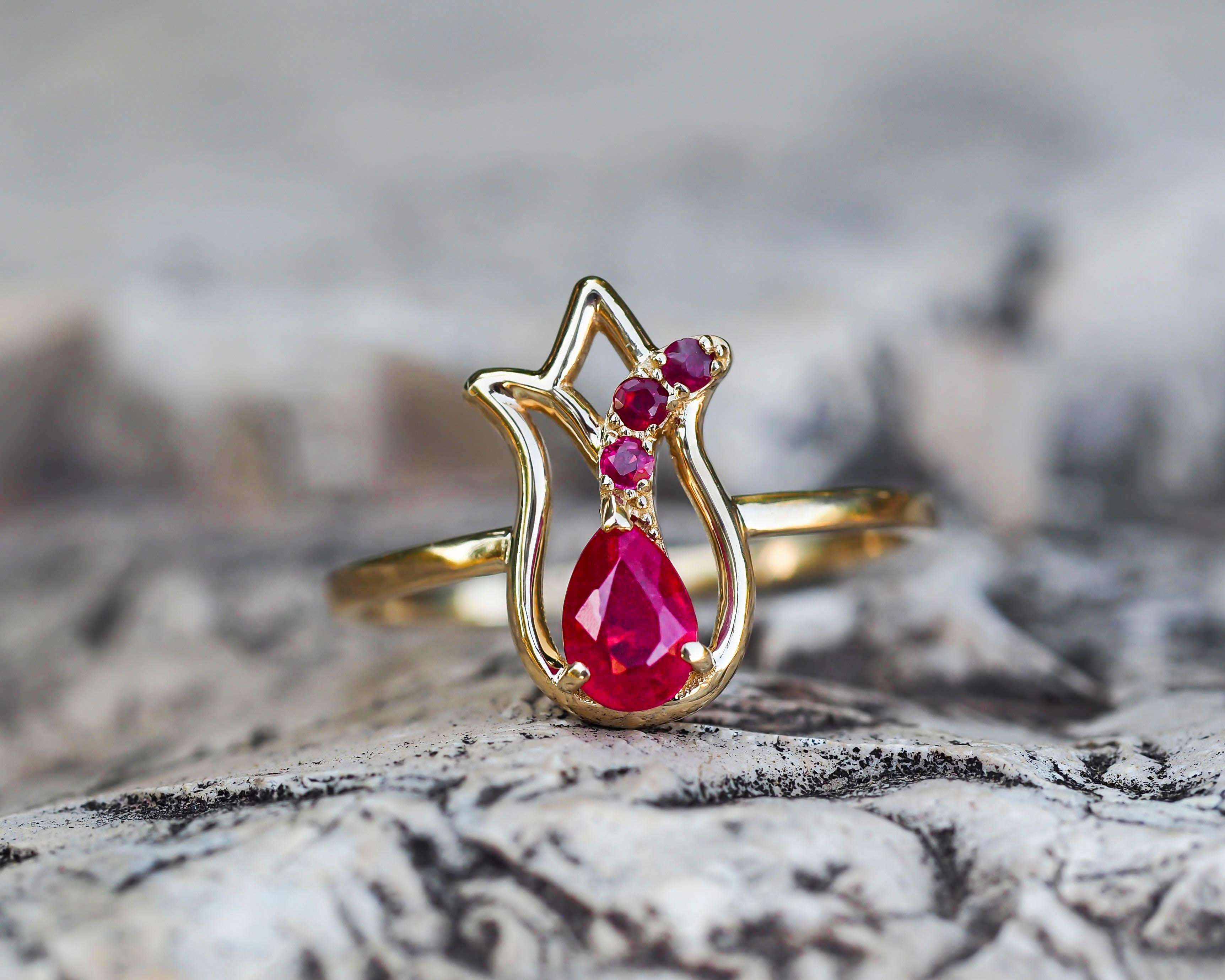 14 Karat Gold Ring with Ruby and Side Rubies, Gold Tulip Flower Ring 3
