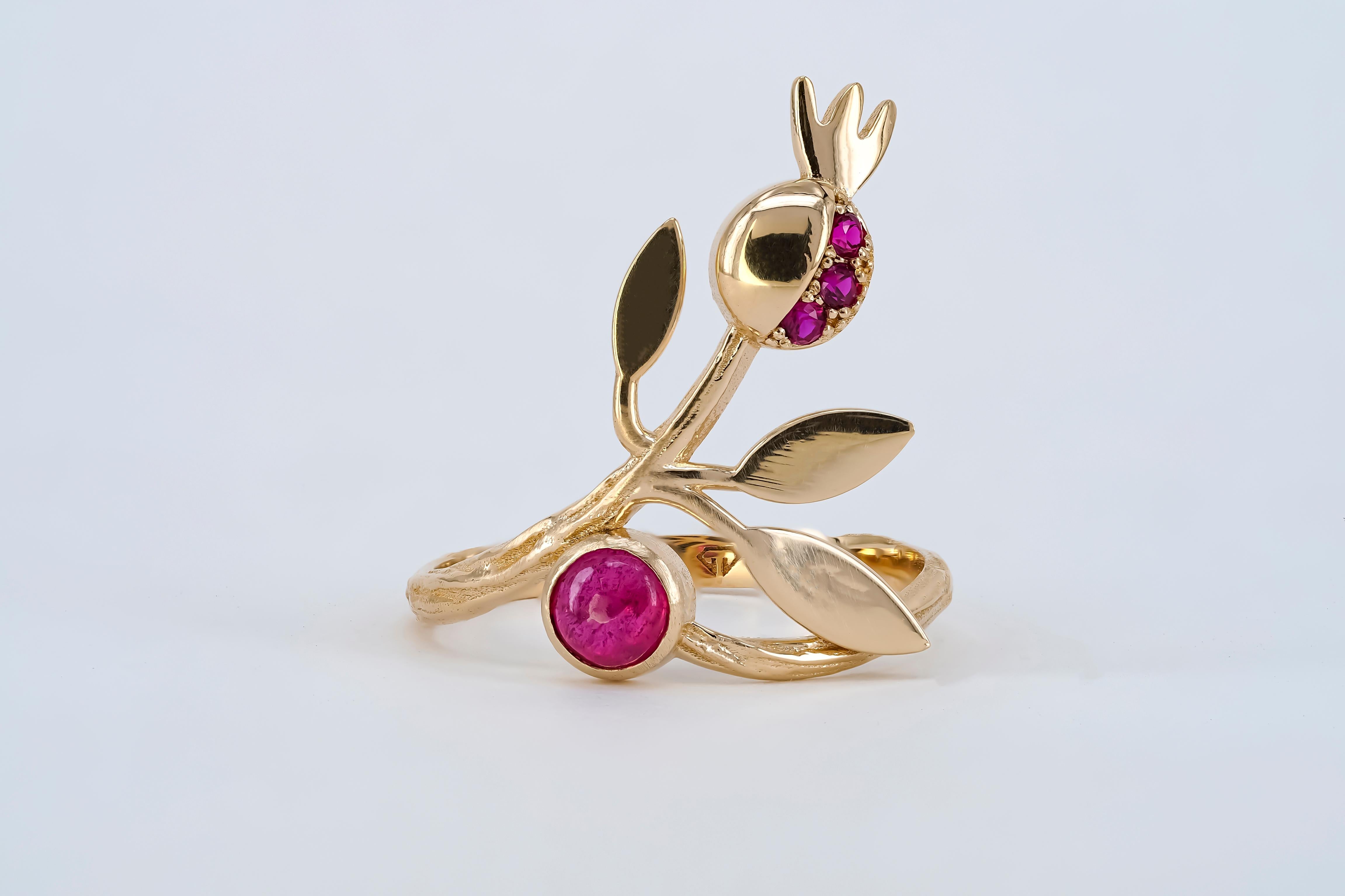 For Sale:  14 karat Gold Ring with Ruby, Sapphires. Pomegranate ring. July birthstone ring! 14