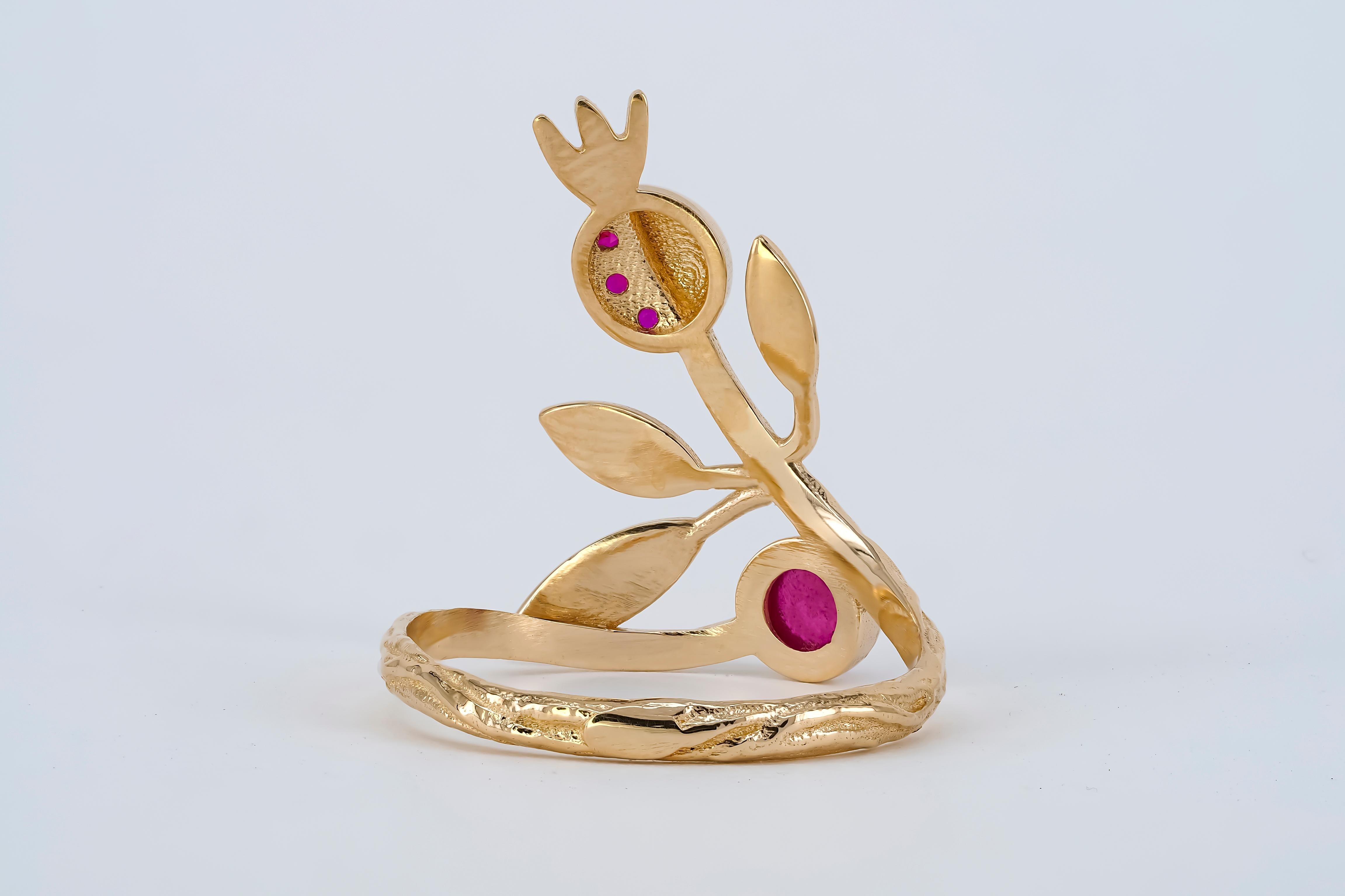 For Sale:  14 karat Gold Ring with Ruby, Sapphires. Pomegranate ring. July birthstone ring! 16