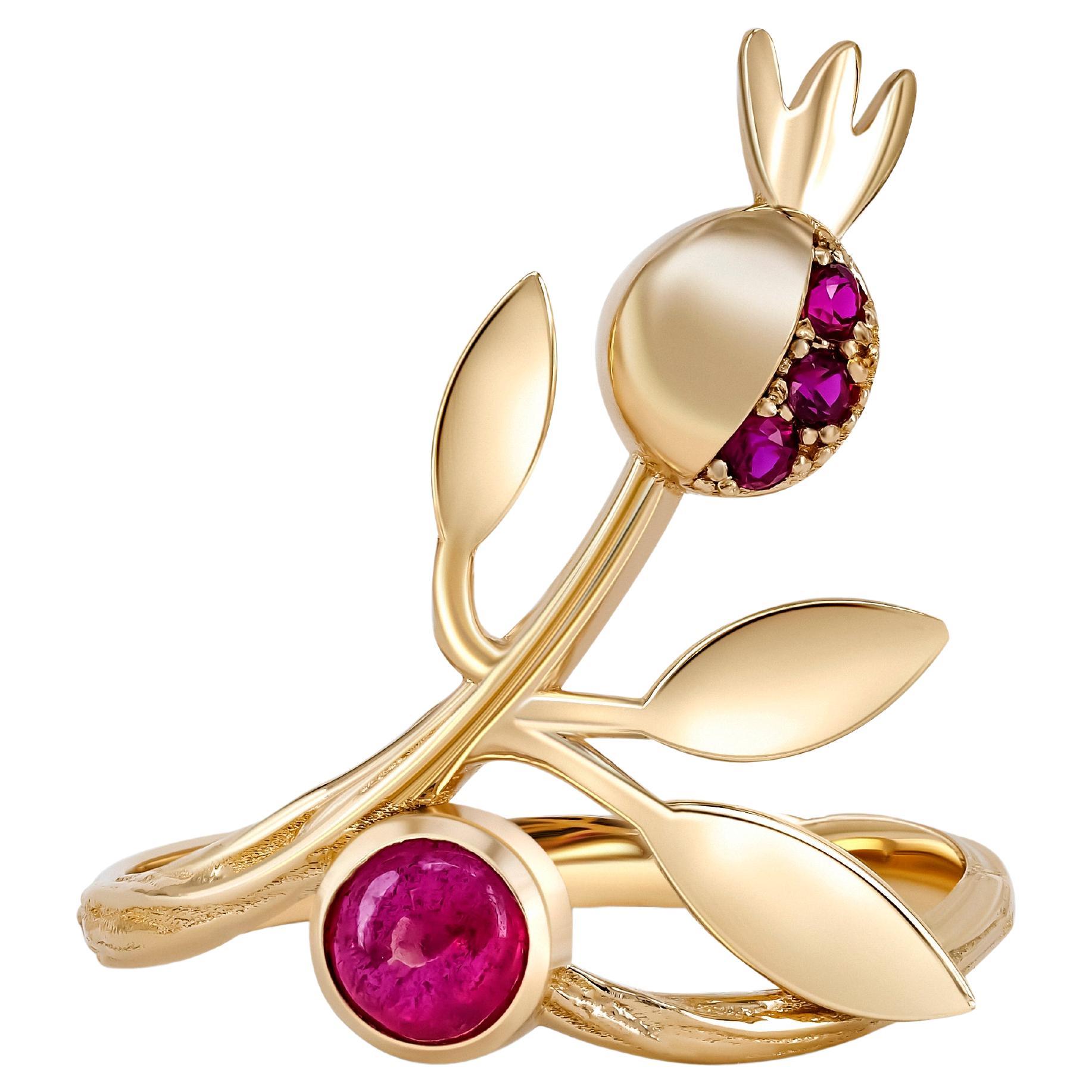 For Sale:  14 karat Gold Ring with Ruby, Sapphires. Pomegranate ring. July birthstone ring!