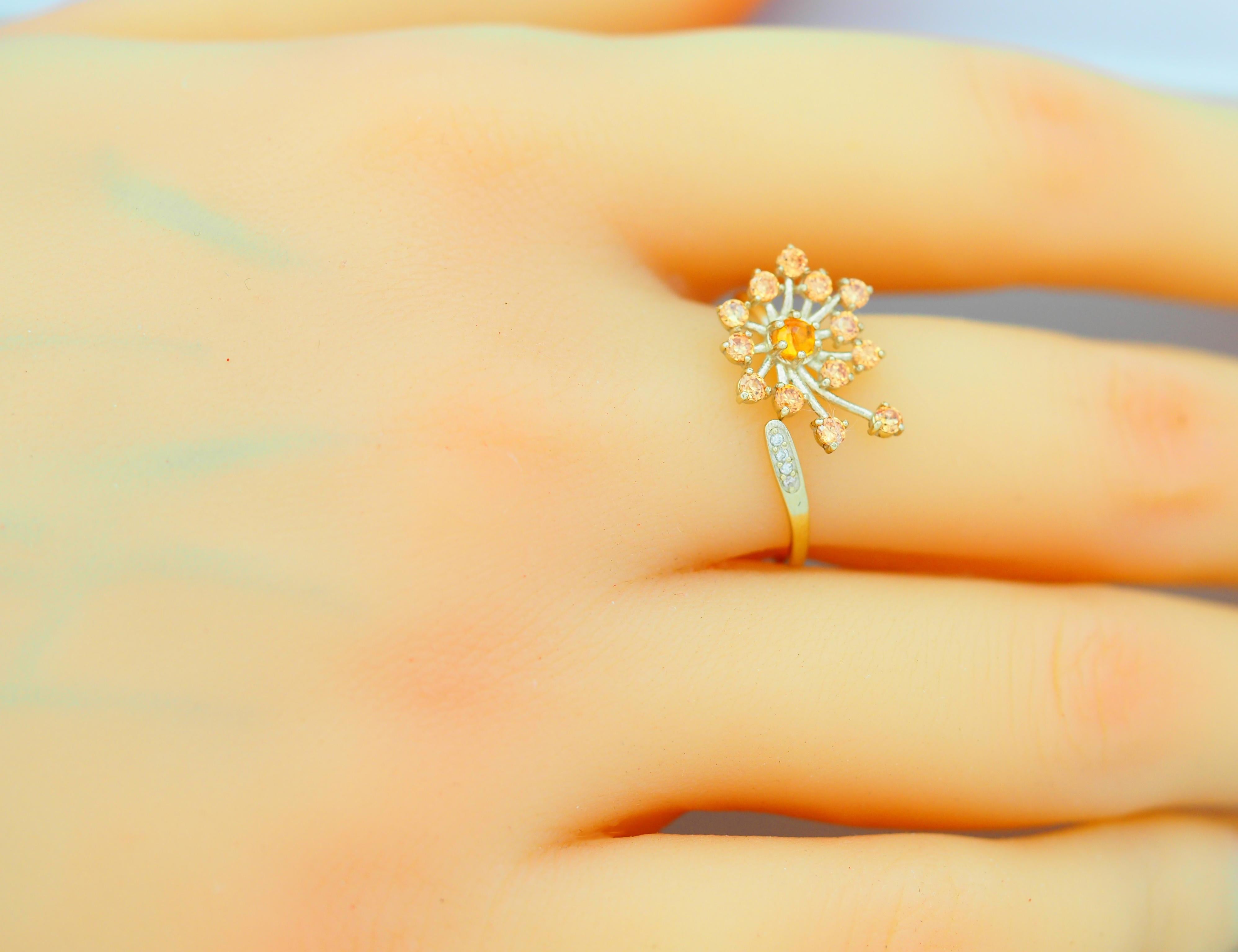 For Sale:  14 Karat Gold Ring with Yellow Sapphires. Dandelion Flower desing ring. 10