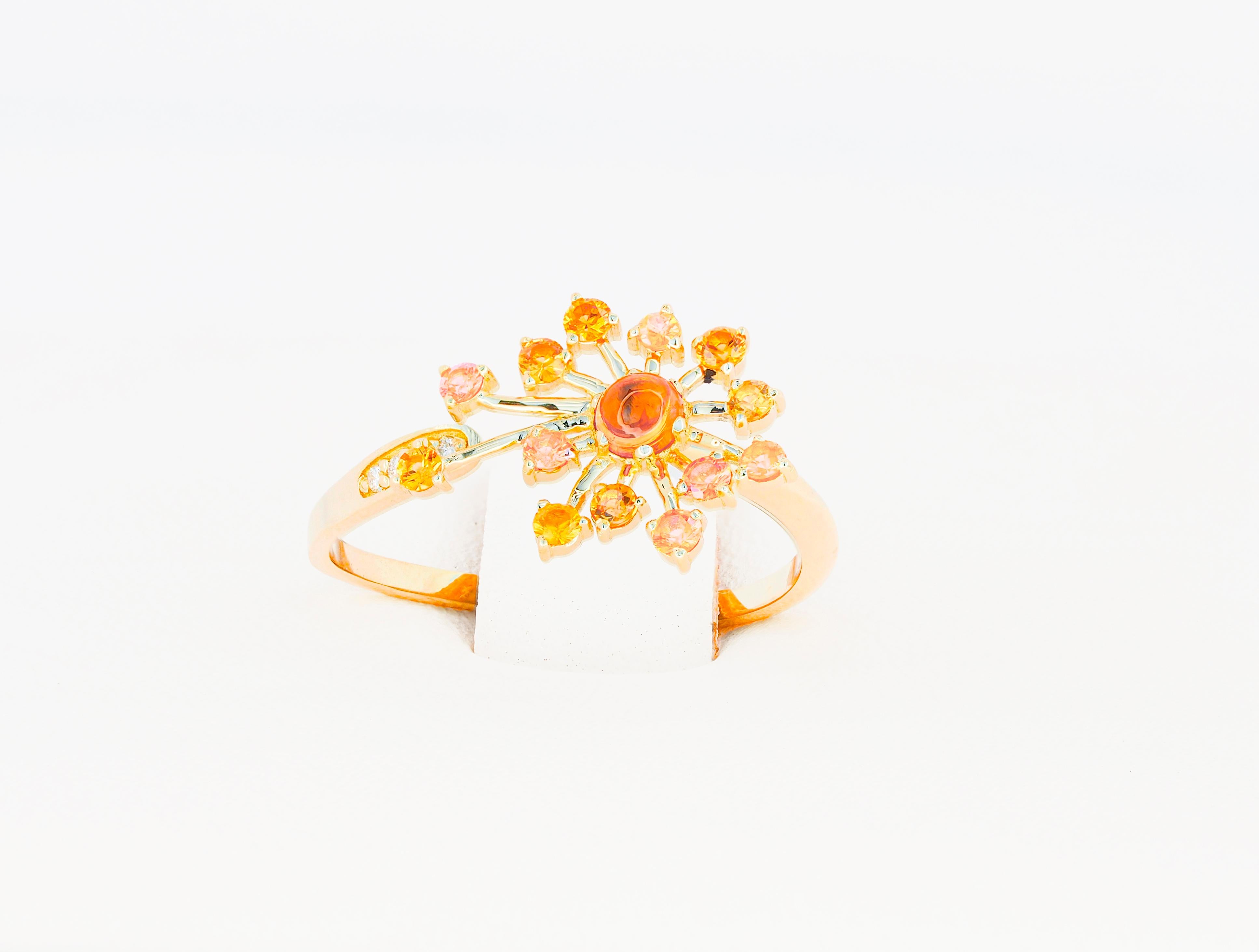 En vente :  Bague en or 14 carats avec saphirs jaunes. Bague de conception en forme de fleur de pissenlit. 3