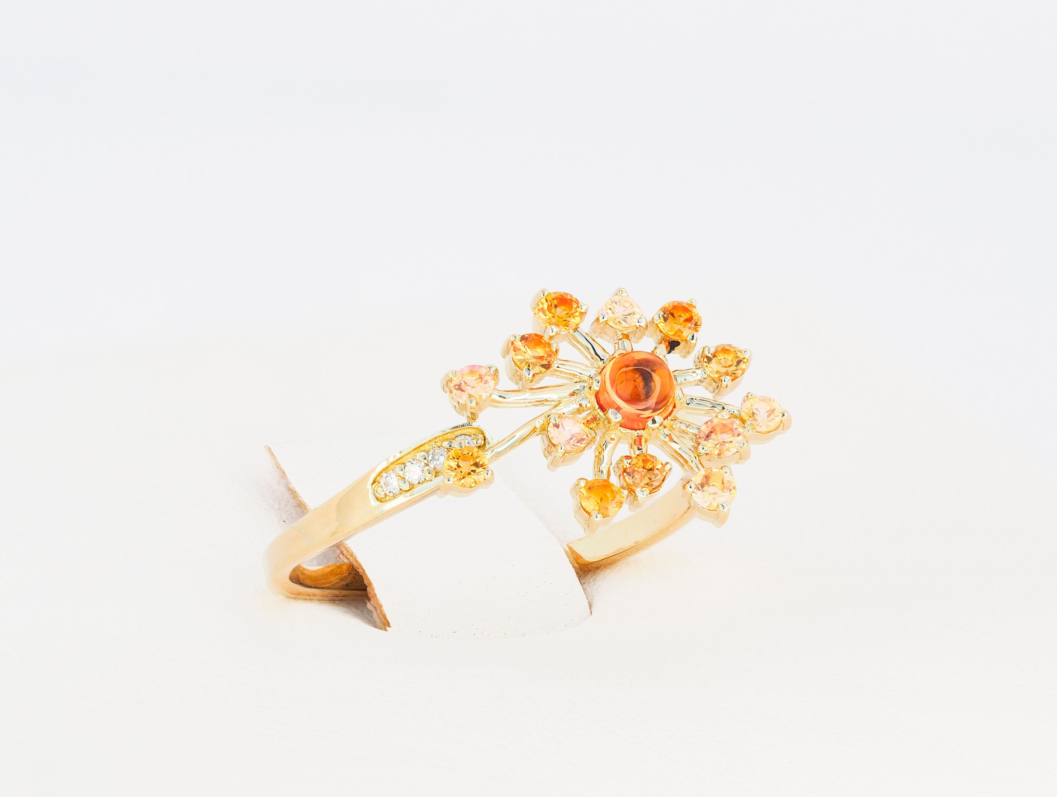 En vente :  Bague en or 14 carats avec saphirs jaunes. Bague de conception en forme de fleur de pissenlit. 4