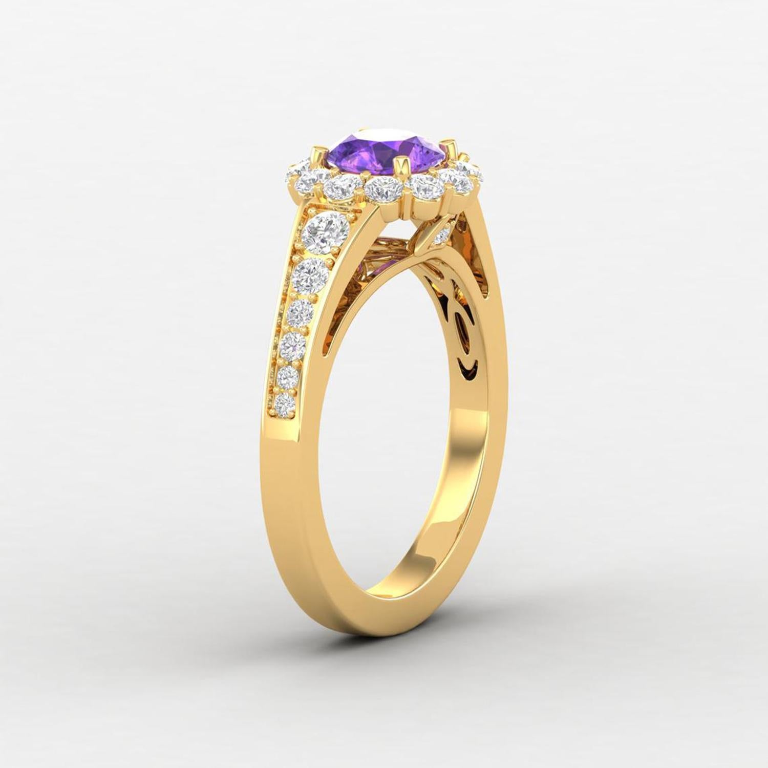 Modern 14 Karat Gold Round Amethyst Ring / Round Diamond Ring / Solitaire Ring For Sale