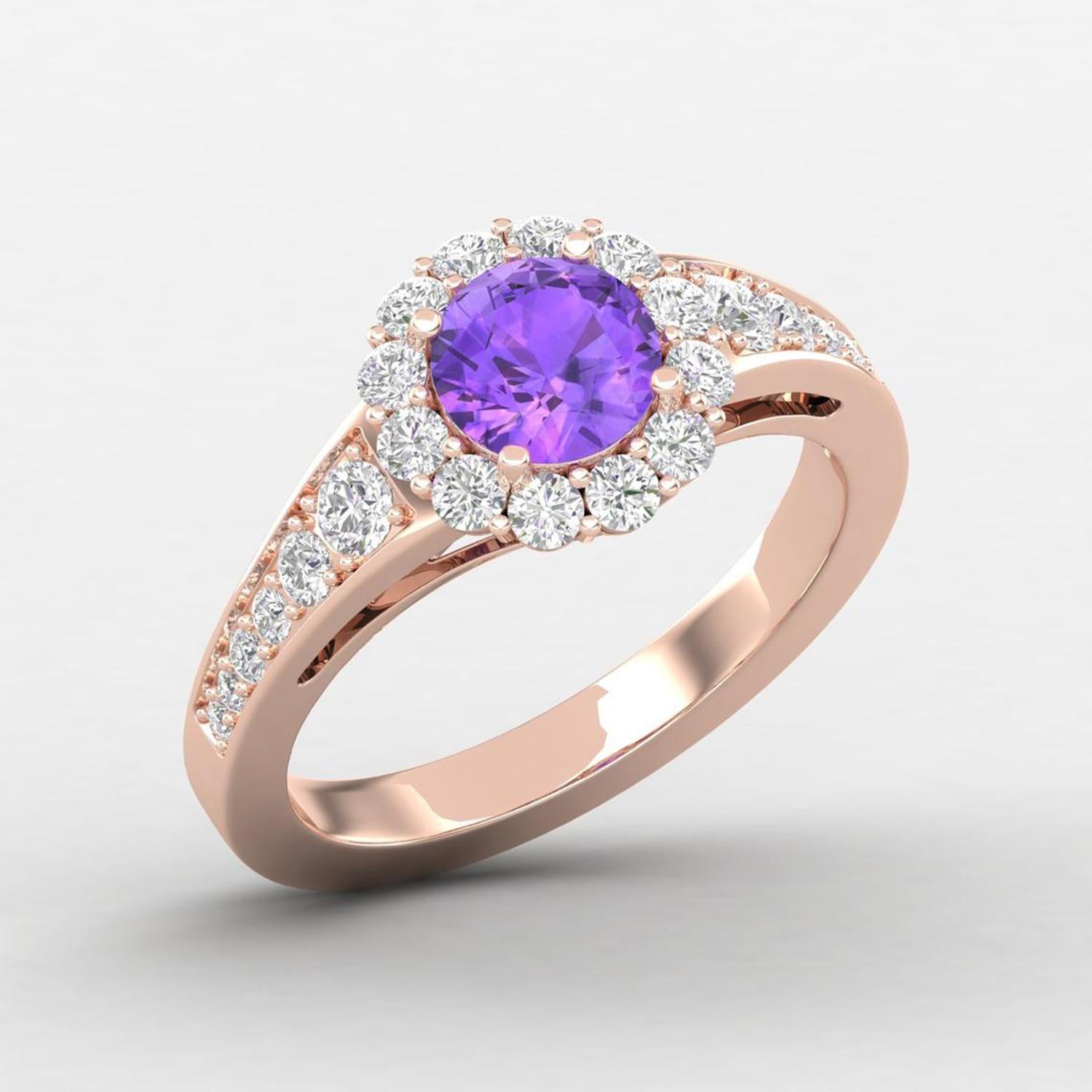 Round Cut 14 Karat Gold Round Amethyst Ring / Round Diamond Ring / Solitaire Ring For Sale