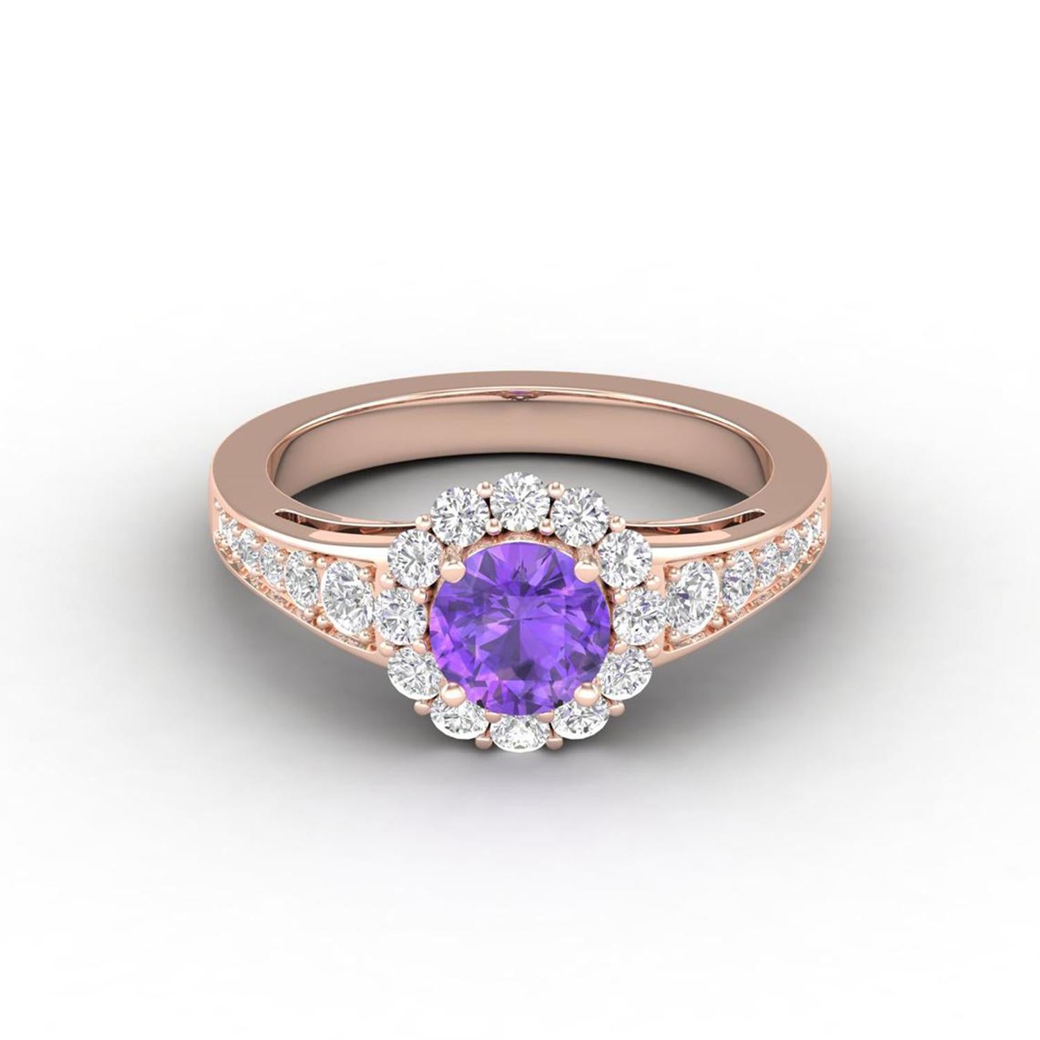 14 Karat Gold Round Amethyst Ring / Round Diamond Ring / Solitaire Ring For Sale 1