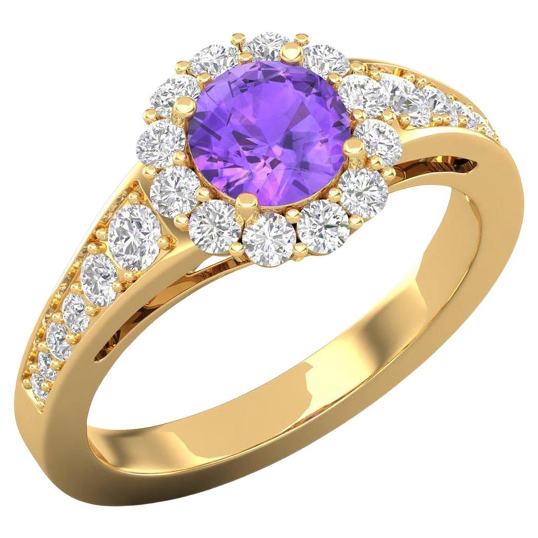 Bague en or 14 carats avec améthyste ronde / bague en diamant rond / bague solitaire en vente