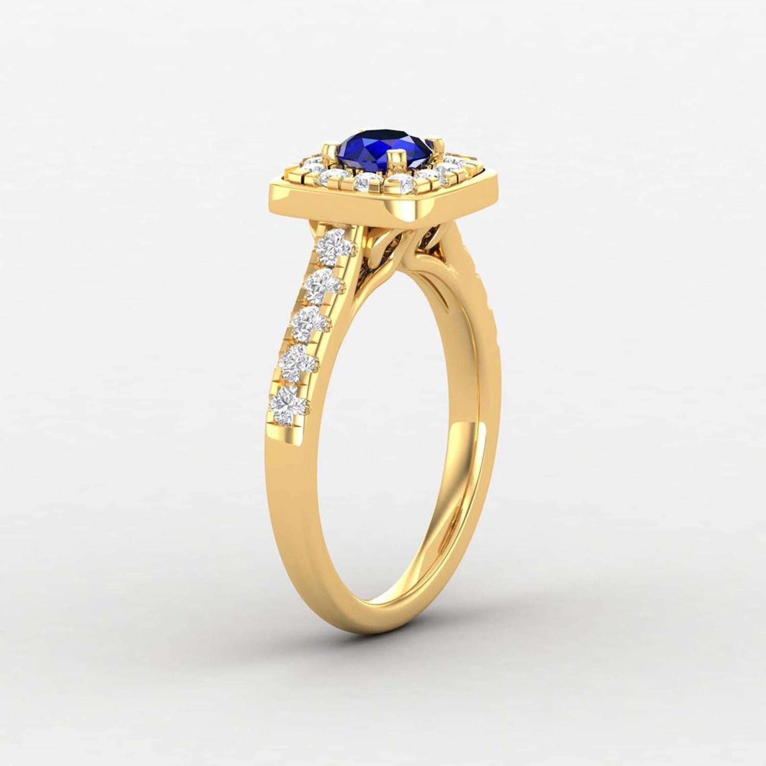 Taille ronde Bague solitaire en or 14 carats avec saphir bleu de 5 mm / bague avec diamant de 2 mm en vente