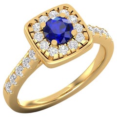 Bague solitaire en or 14 carats avec saphir bleu de 5 mm / bague avec diamant de 2 mm