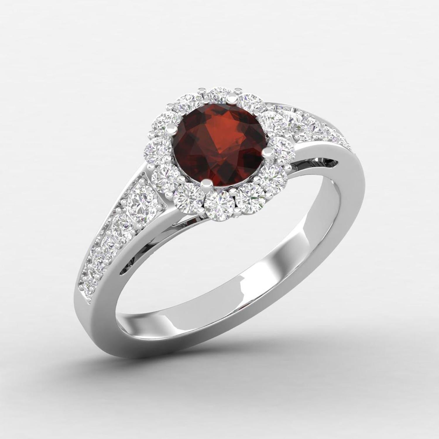Modern 14 Karat Gold Round Garnet Ring / Round Diamond Ring / Solitaire Ring For Sale