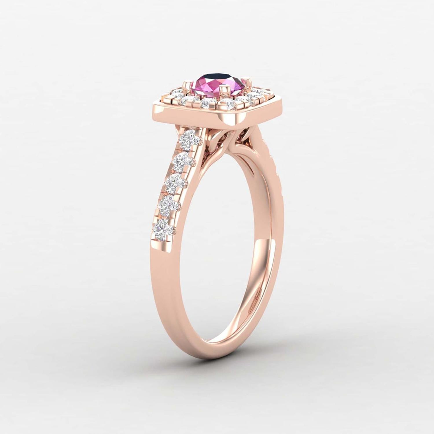 Moderne Bague solitaire en or 14 carats avec saphir rose rond / diamant en vente