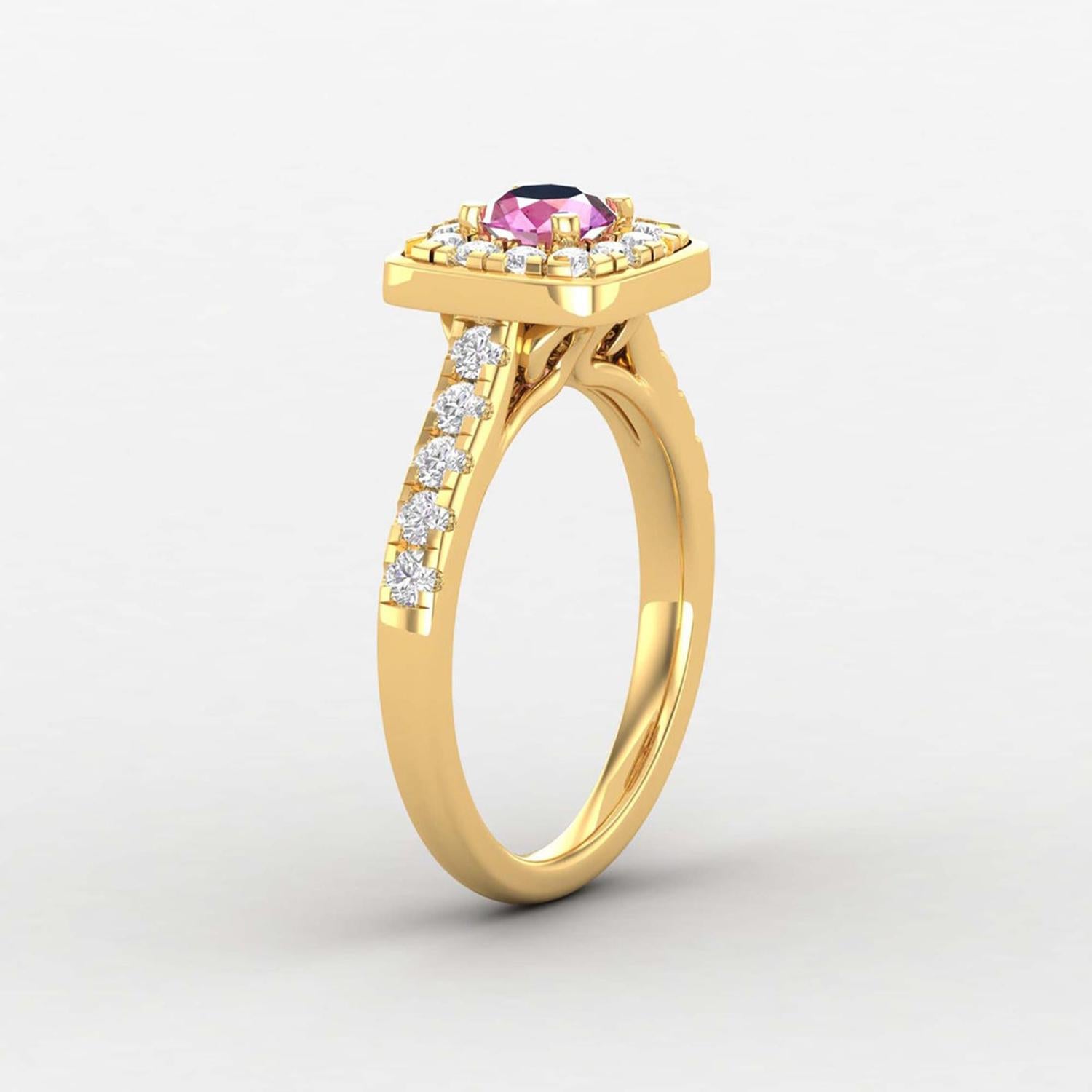 Bague solitaire en or 14 carats avec saphir rose rond / diamant Neuf - En vente à Jaipur, RJ