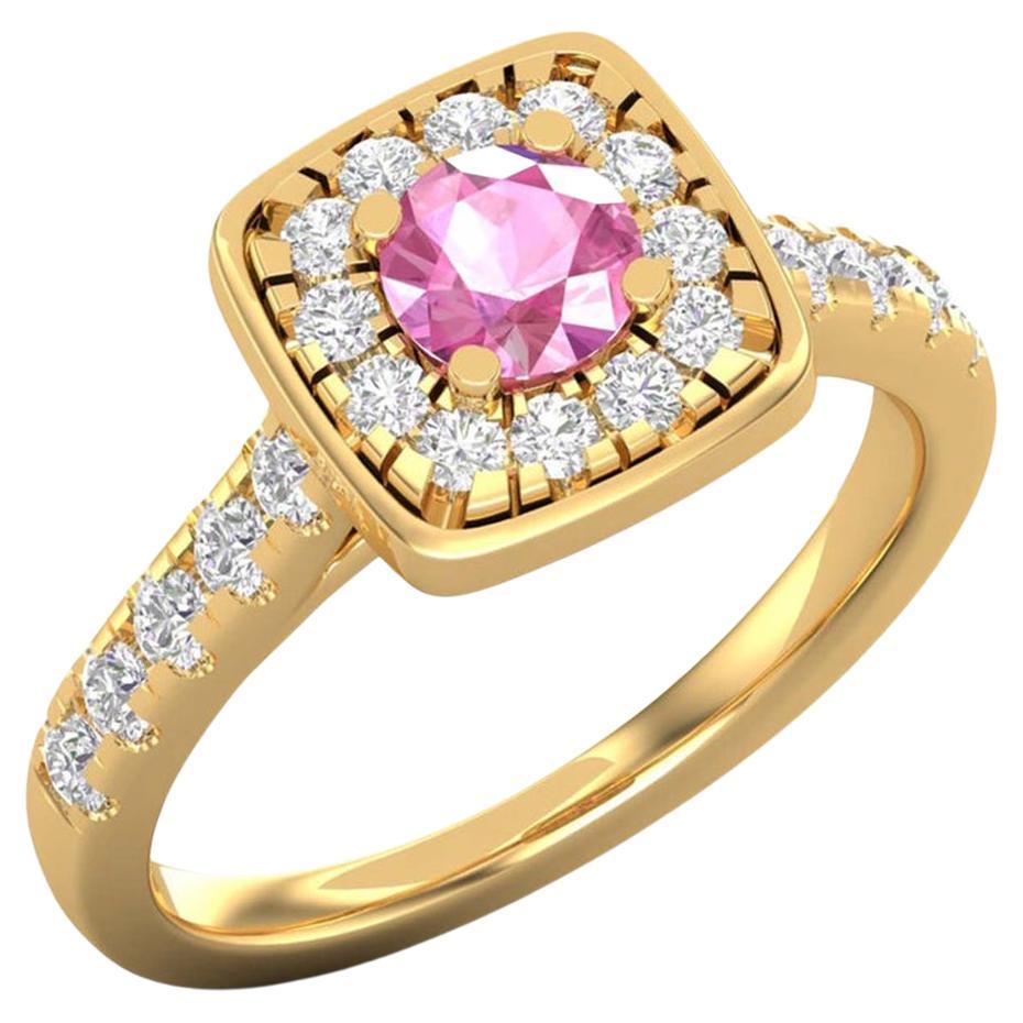 Bague solitaire en or 14 carats avec saphir rose rond / diamant en vente