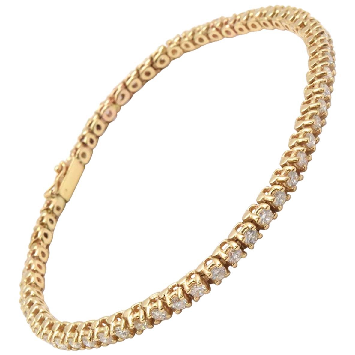 14 Karat Gold Round Brilliant 3.00 Carat Diamond Tennis Bracelet, 11.65 Grams