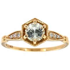 14 Karat Gold Round Colorless Sapphire Vintage Diamond Ring Center-2/3 Carat