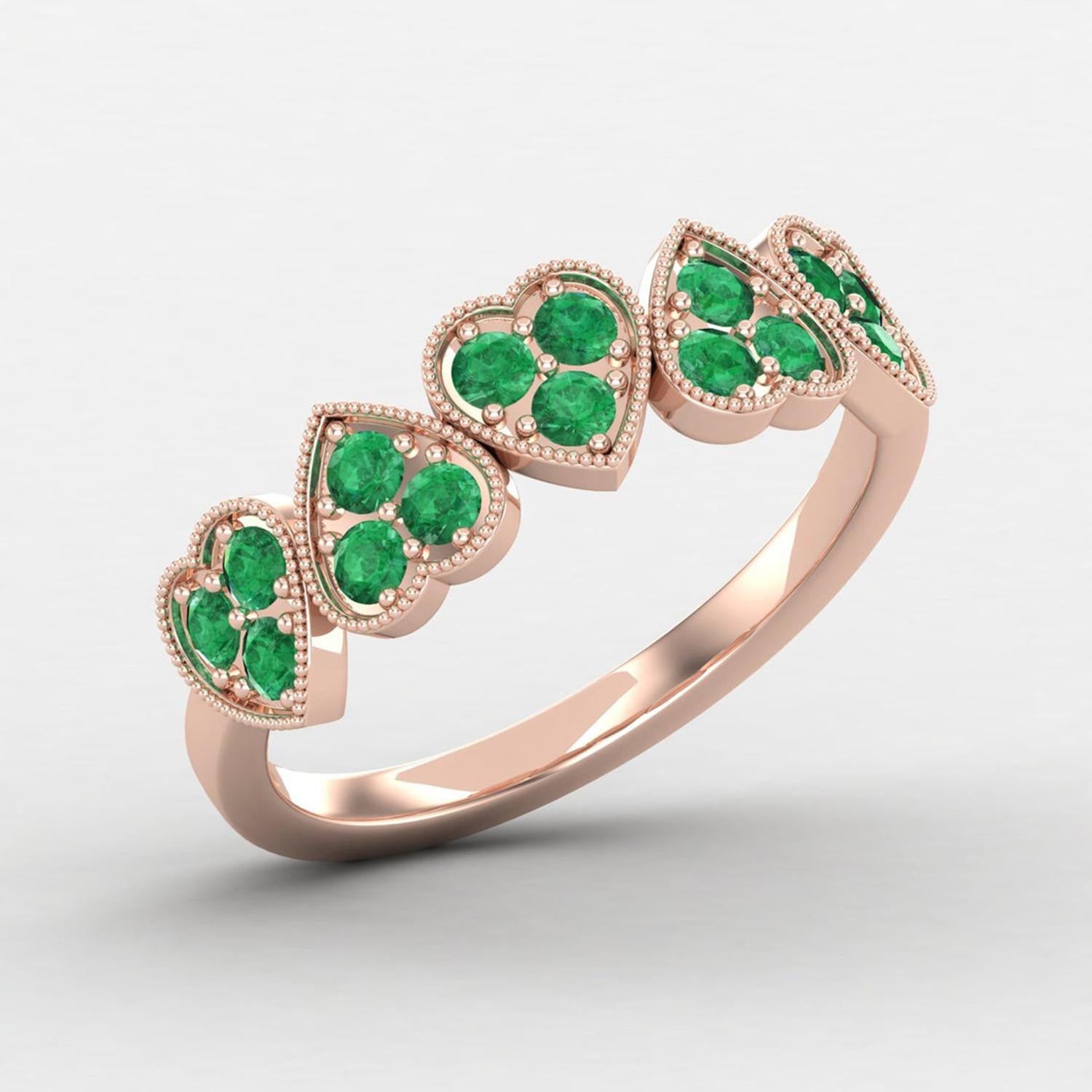 Modern 14 karat Gold Round Emerald Ring / Gold Engagement Ring / Heart Ring for Her For Sale