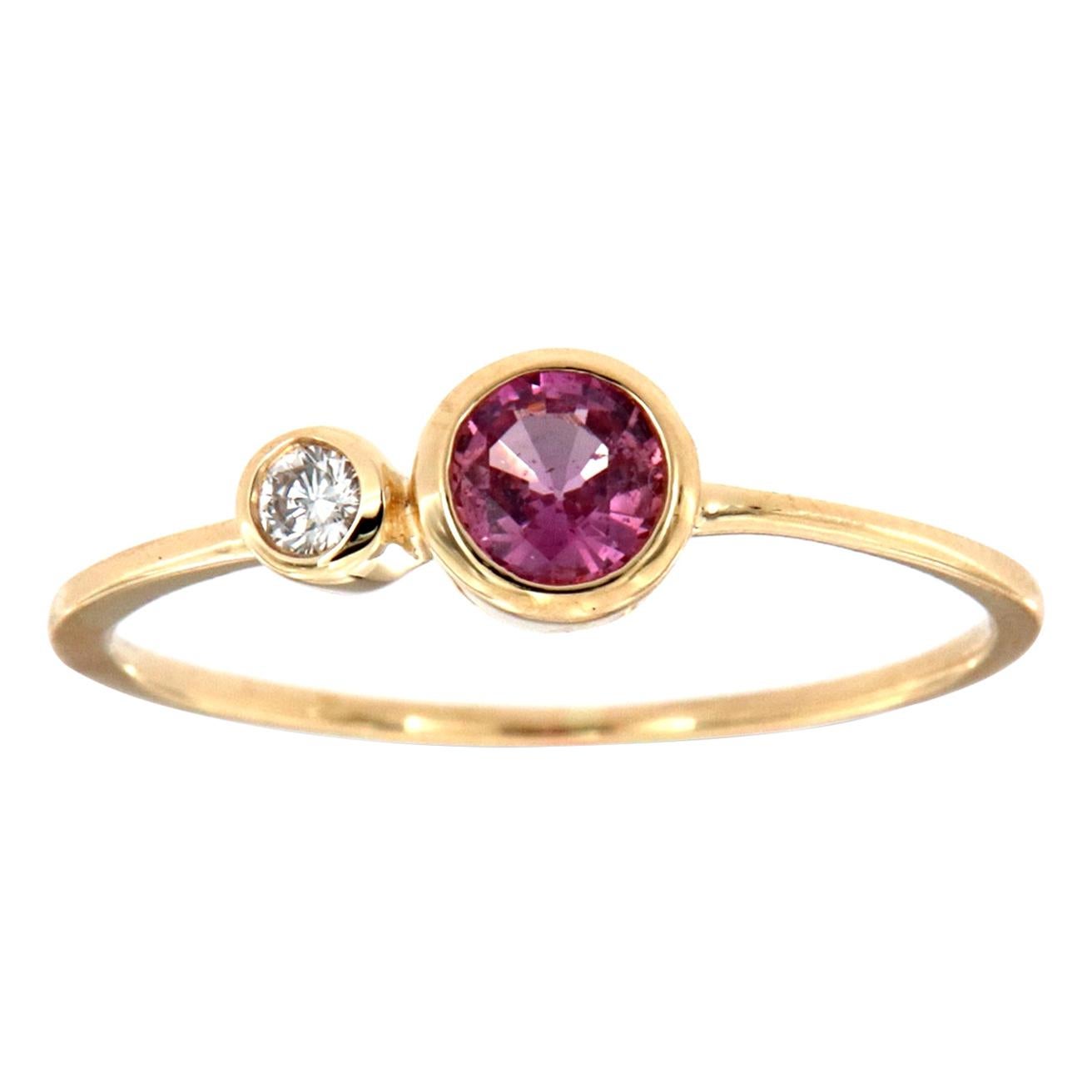 14 Karat Gold Round Pink Sapphire and Diamond Vintage Ring Center, 1/3 Carat For Sale