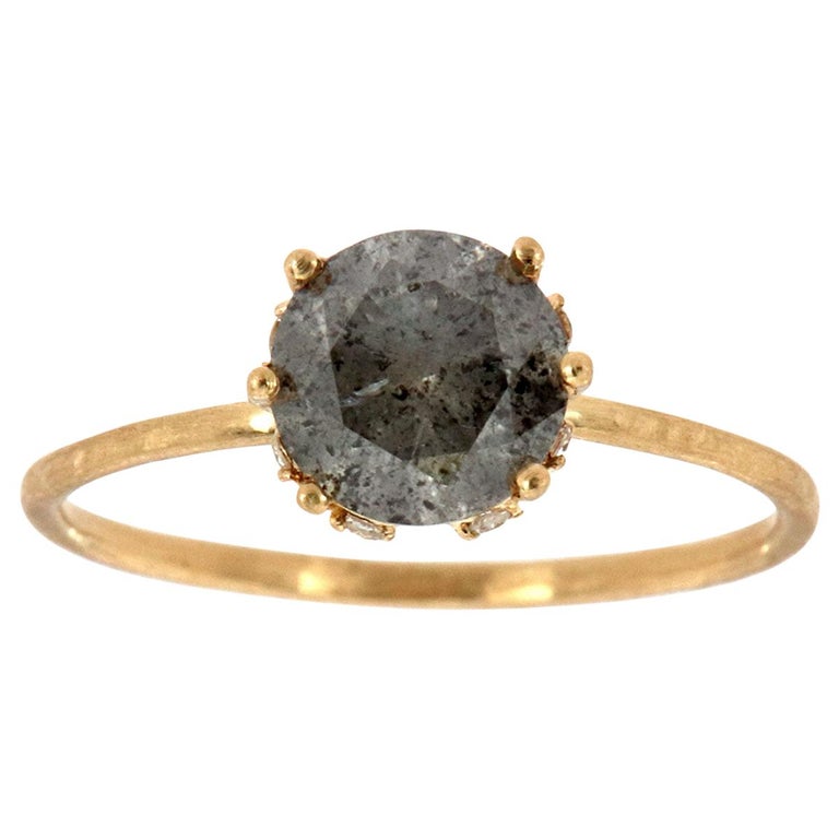 14 Karat Gold Round Salt and Pepper Diamond Solitaire Ring 'Center1.22