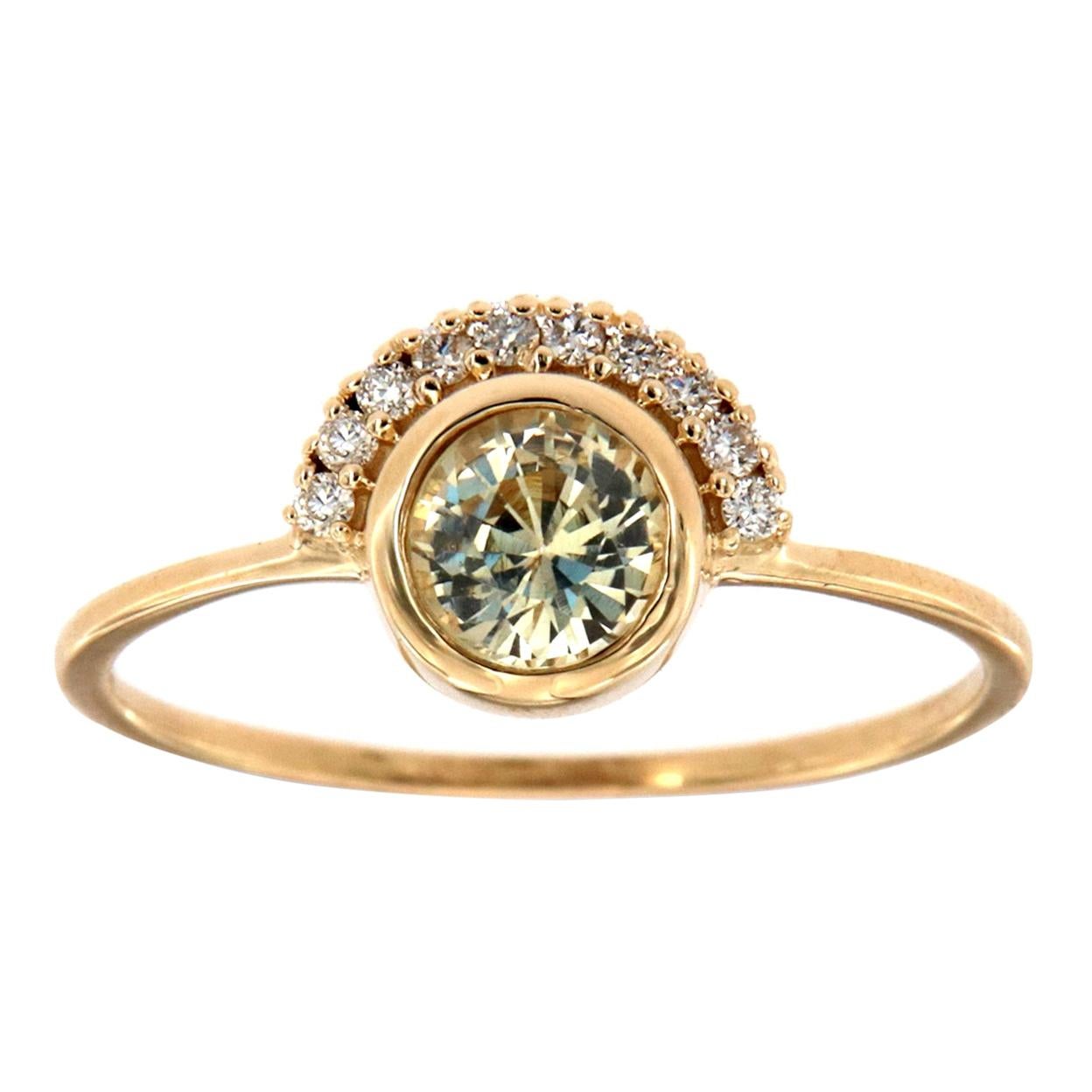 14 Karat Gold Round Yellow Sapphire and Diamond Vintage Ring Center 1/2 Carat For Sale