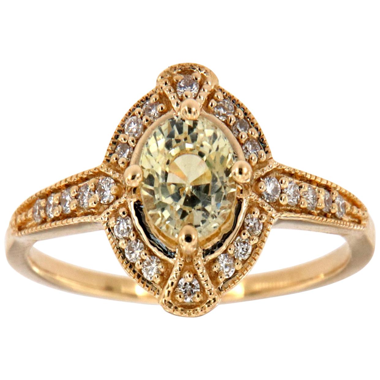 Bague vintage en or 14 carats avec halo de saphirs jaunes ronds et diamants au centre de 4/5 carats