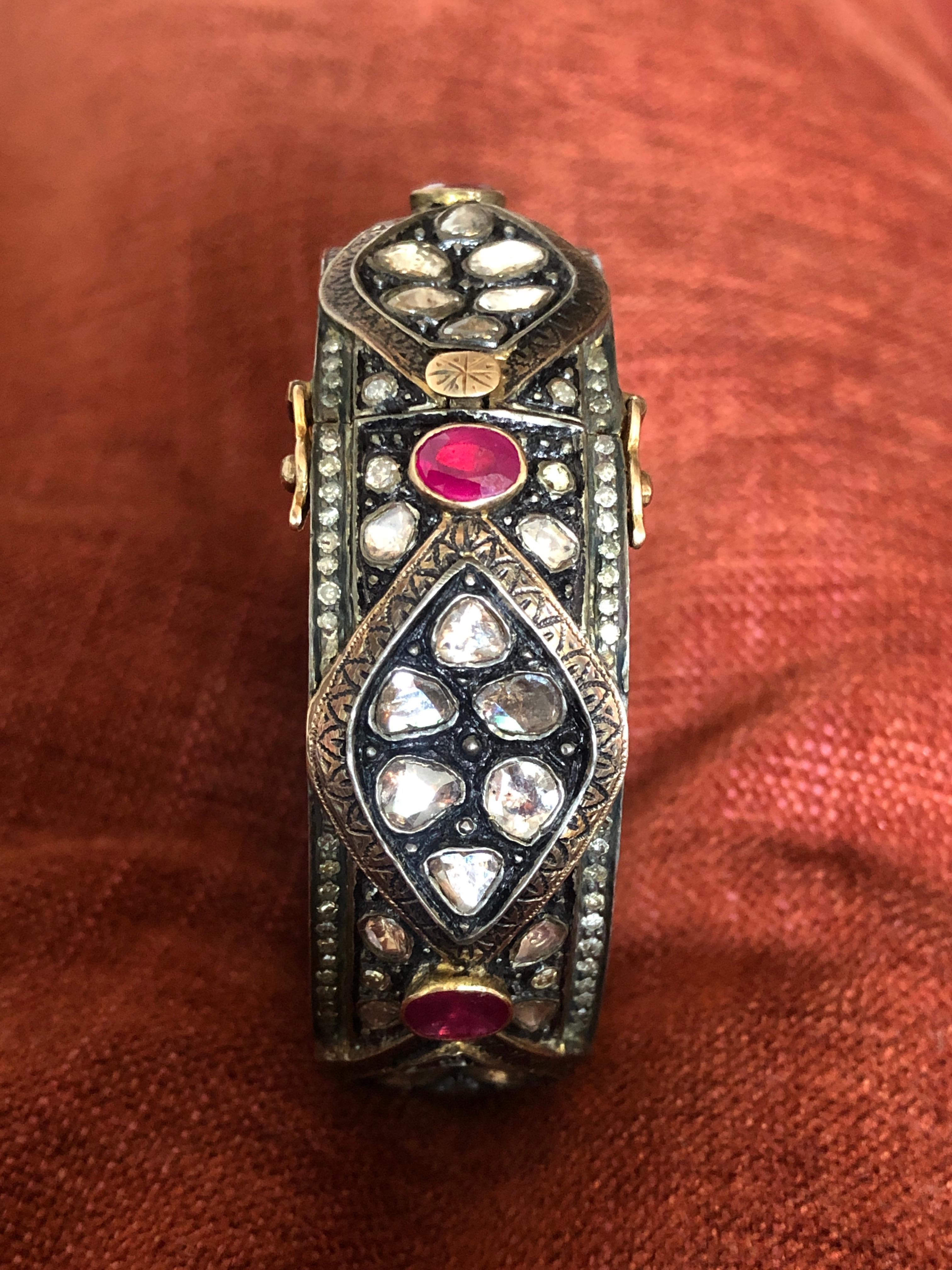 Victorian 14 Karat Gold Ruby Diamond Bangle For Sale