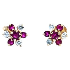 Pendientes Flor Diamante Rubí Oro 14 Kilates