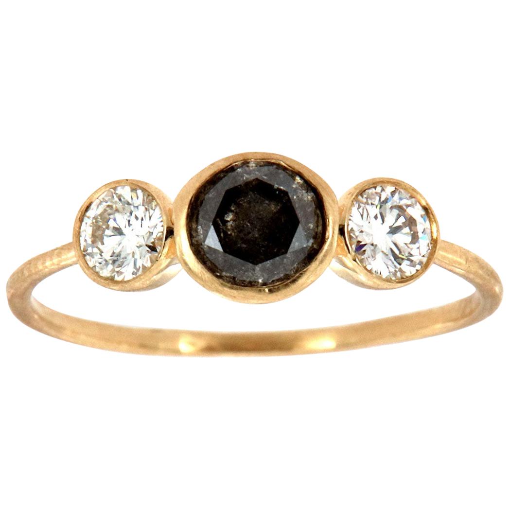 14 Karat Gold Rustic Salt and Pepper Trilogy Diamond Ring 'Center-0.48 Carat' For Sale