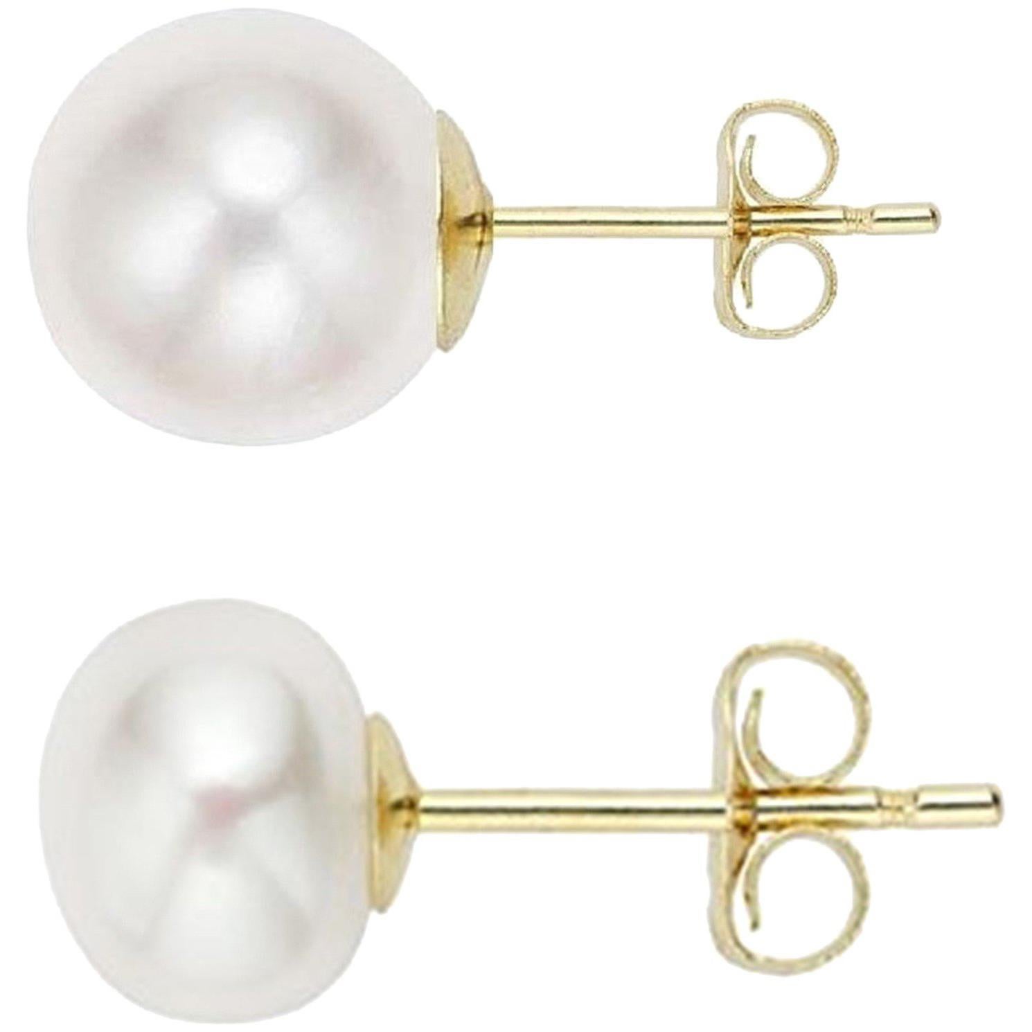 14 Karat Gold Set of 2 Pairs of AAA Quality Pearl Earring, Round and Button Stud For Sale