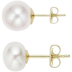 14 Karat Gold Set of 2 Pairs of AAA Quality Pearl Earring, Round and Button Stud